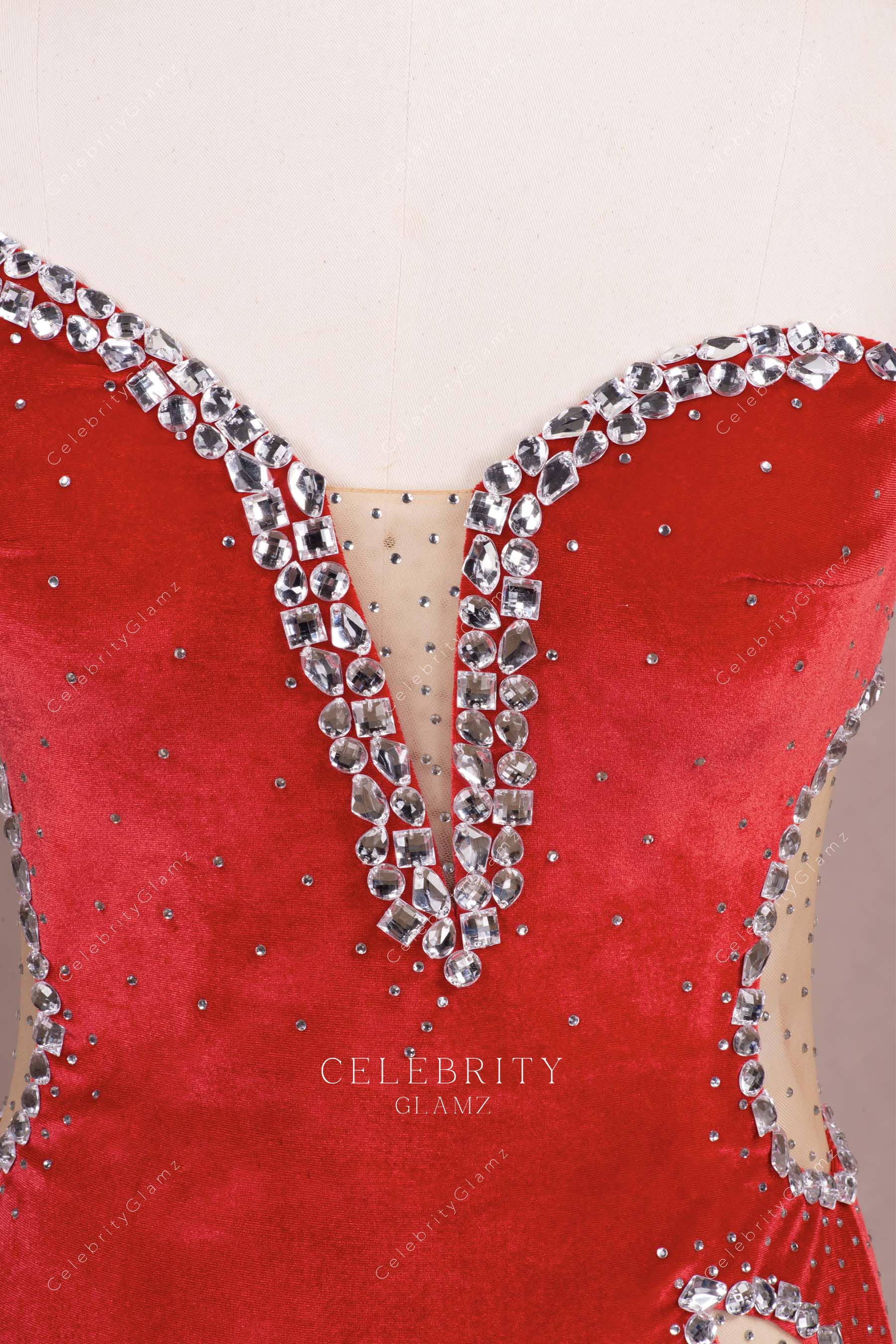 rhinestones red velvet prom dress