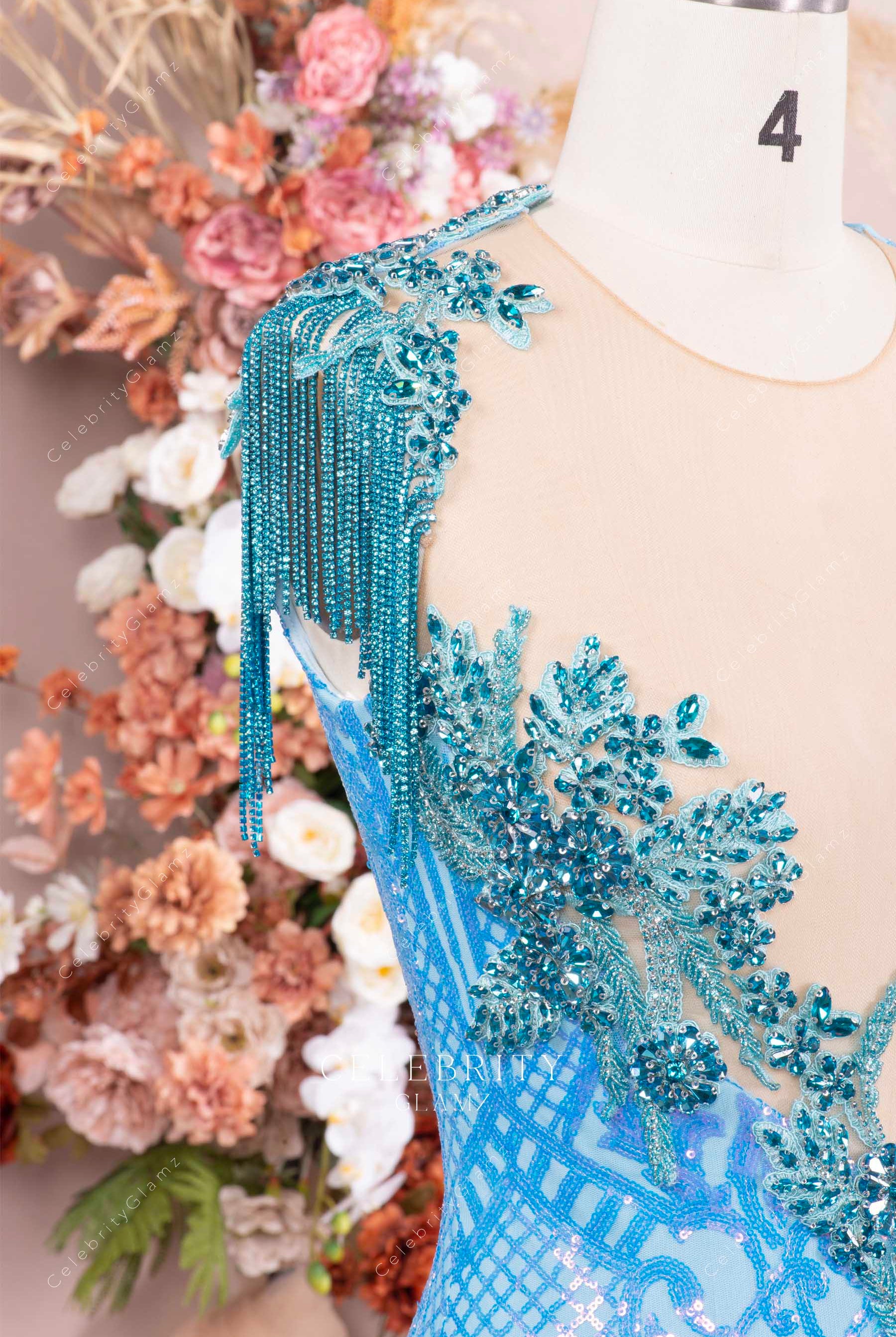 rhinestones sky blue trumpet formal dress