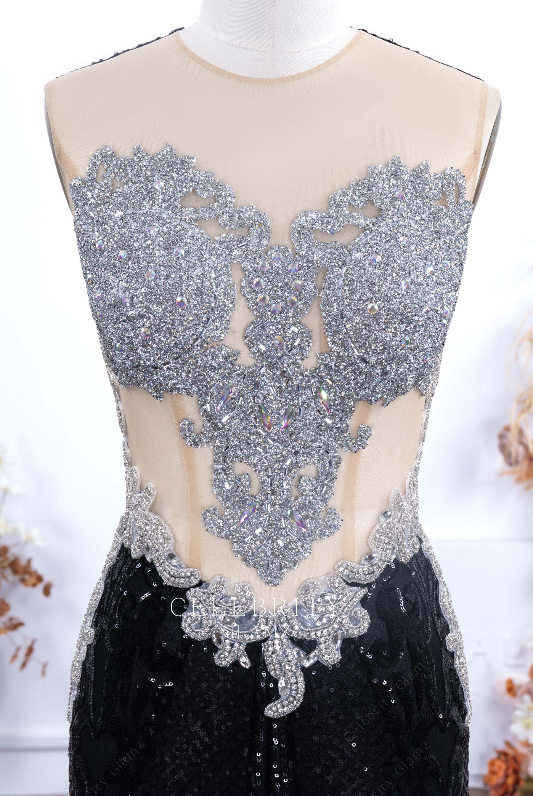 rhinestones sleeveless illusion neck prom dress
