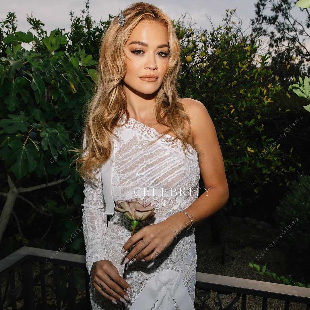 Rita Ora one shoulder lace wedding dress