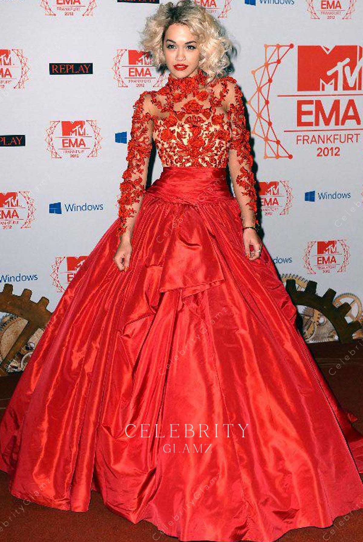 Rita Ora red lace prom dress MTV Europe Music awards 2012