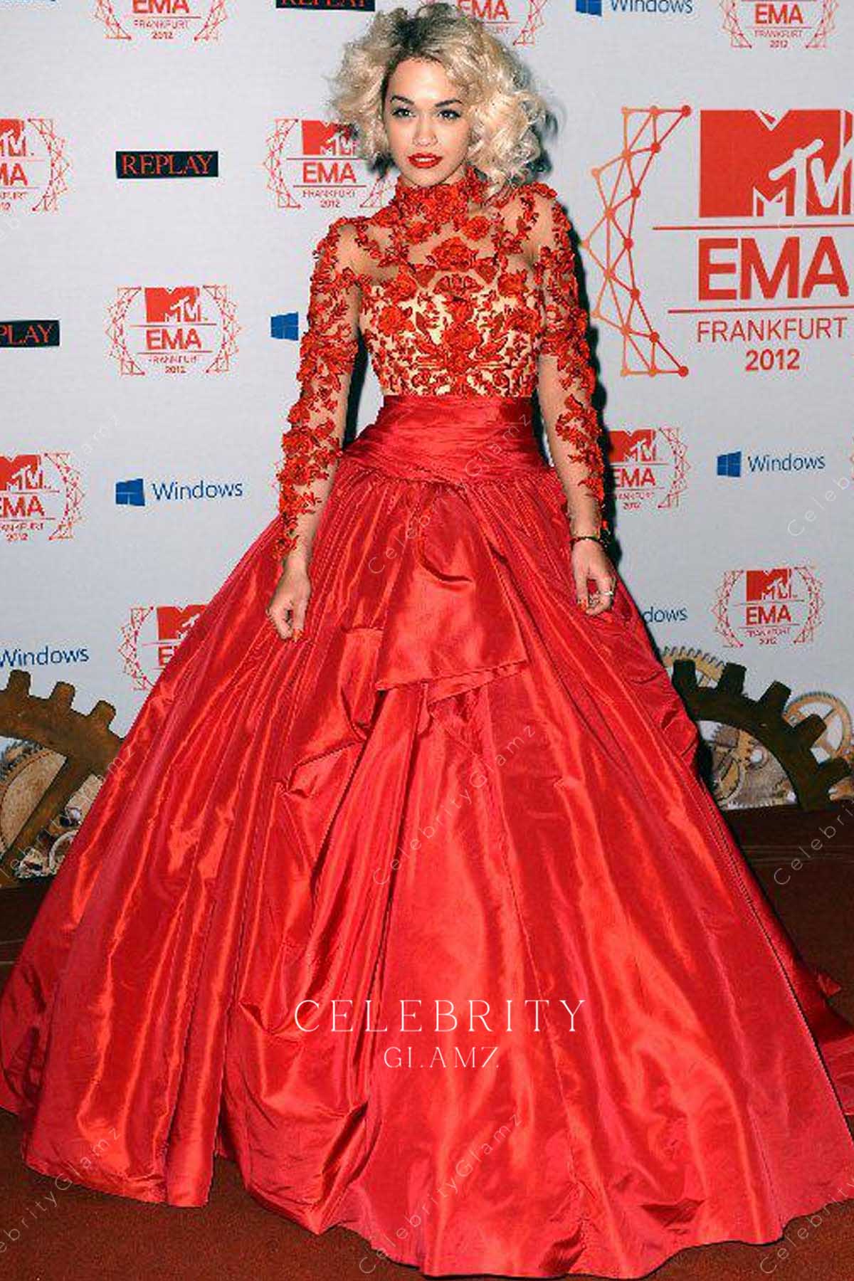 Rita Ora red lace prom dress MTV Europe Music awards 2012