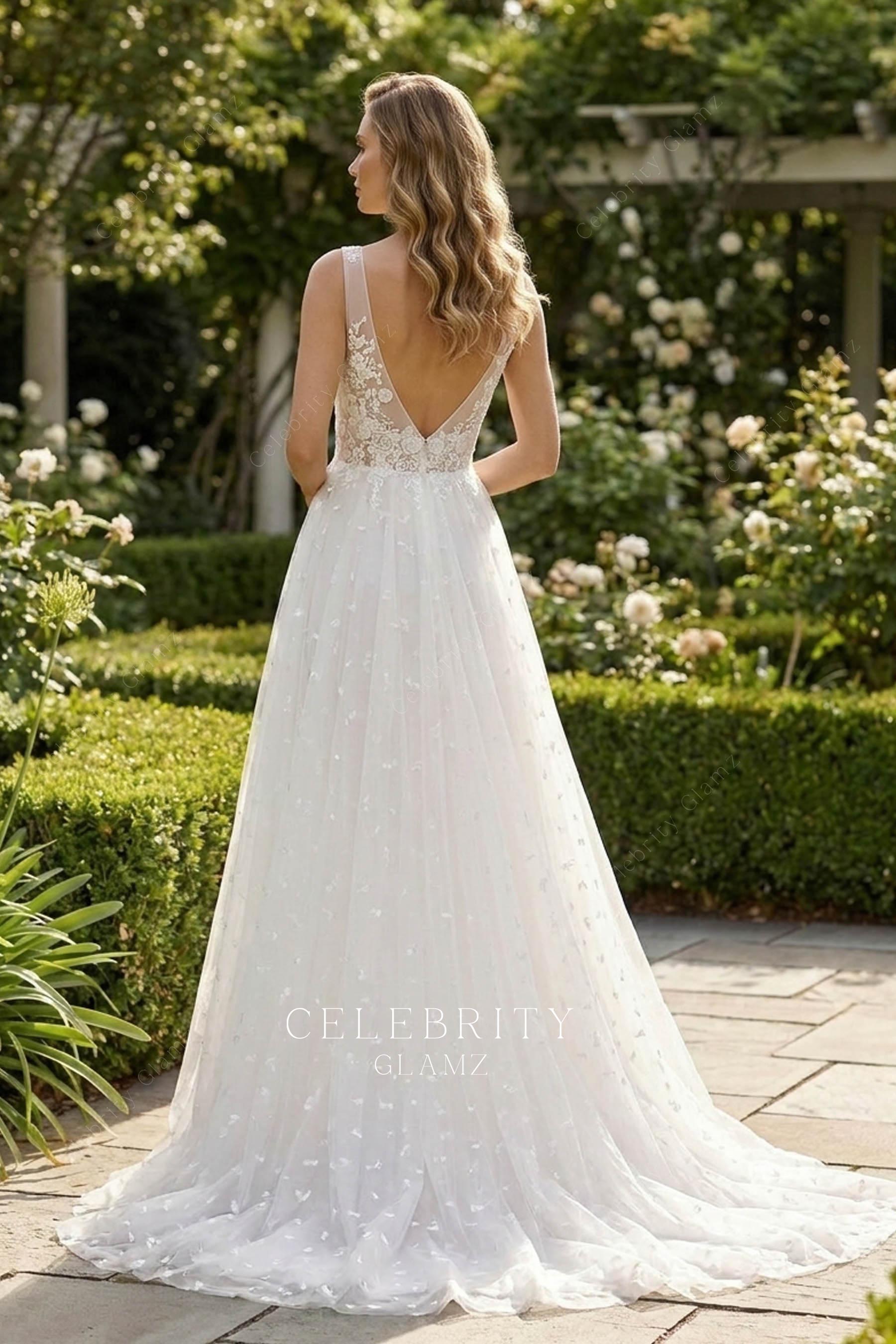 romantic lace v back wedding dress