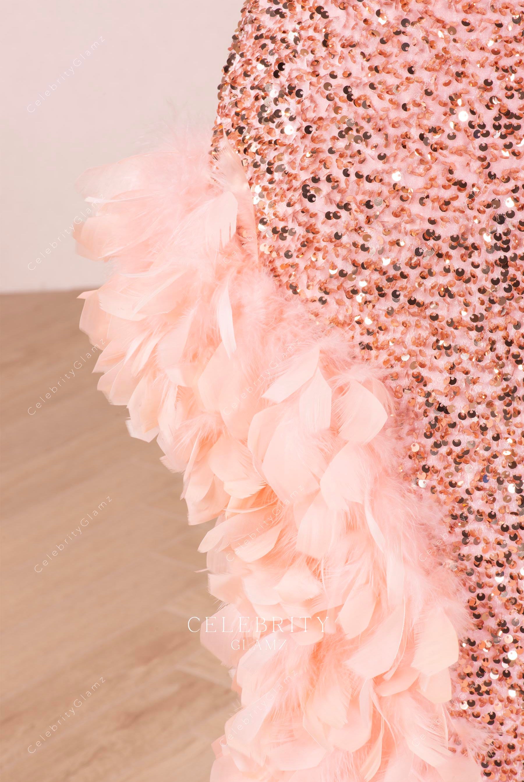 rose gold feathered prom dress