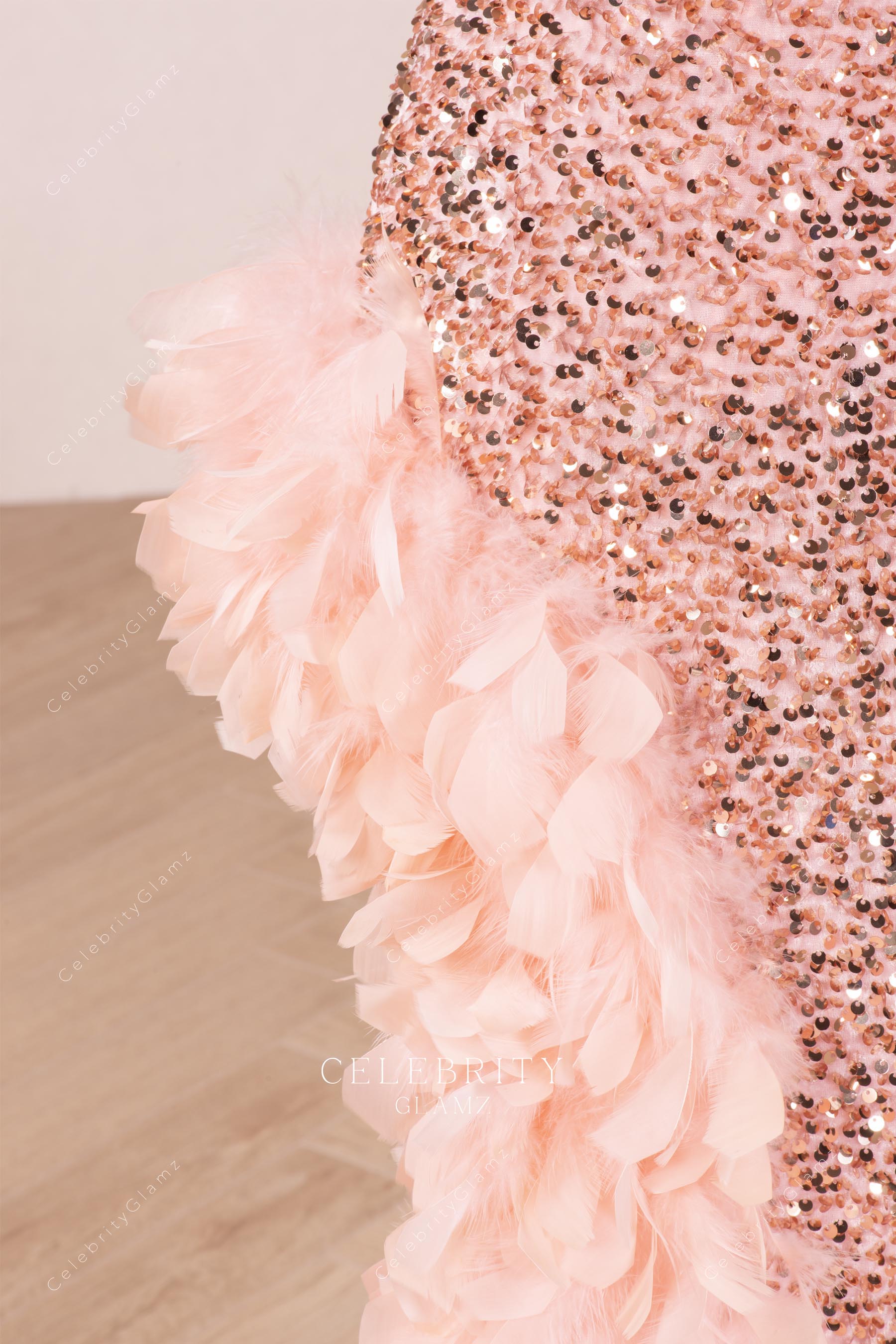 rose gold feathered prom dress