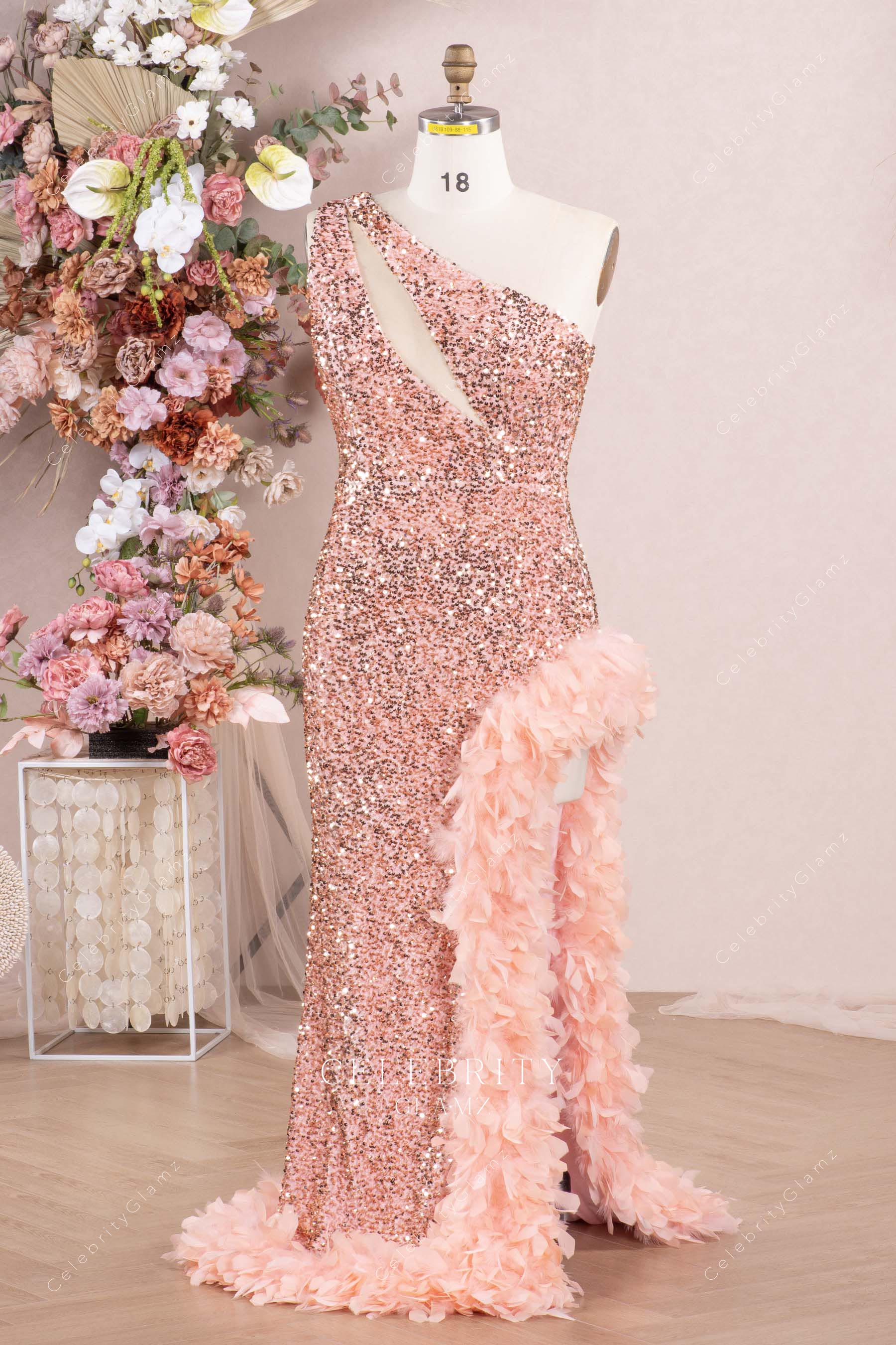 rose gold glitter prom dress