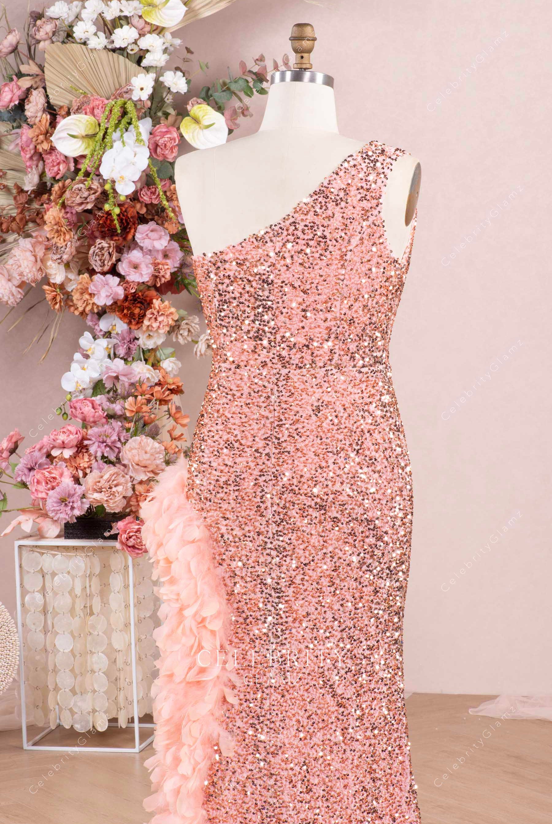 rose gold glitter sleeveless prom dress