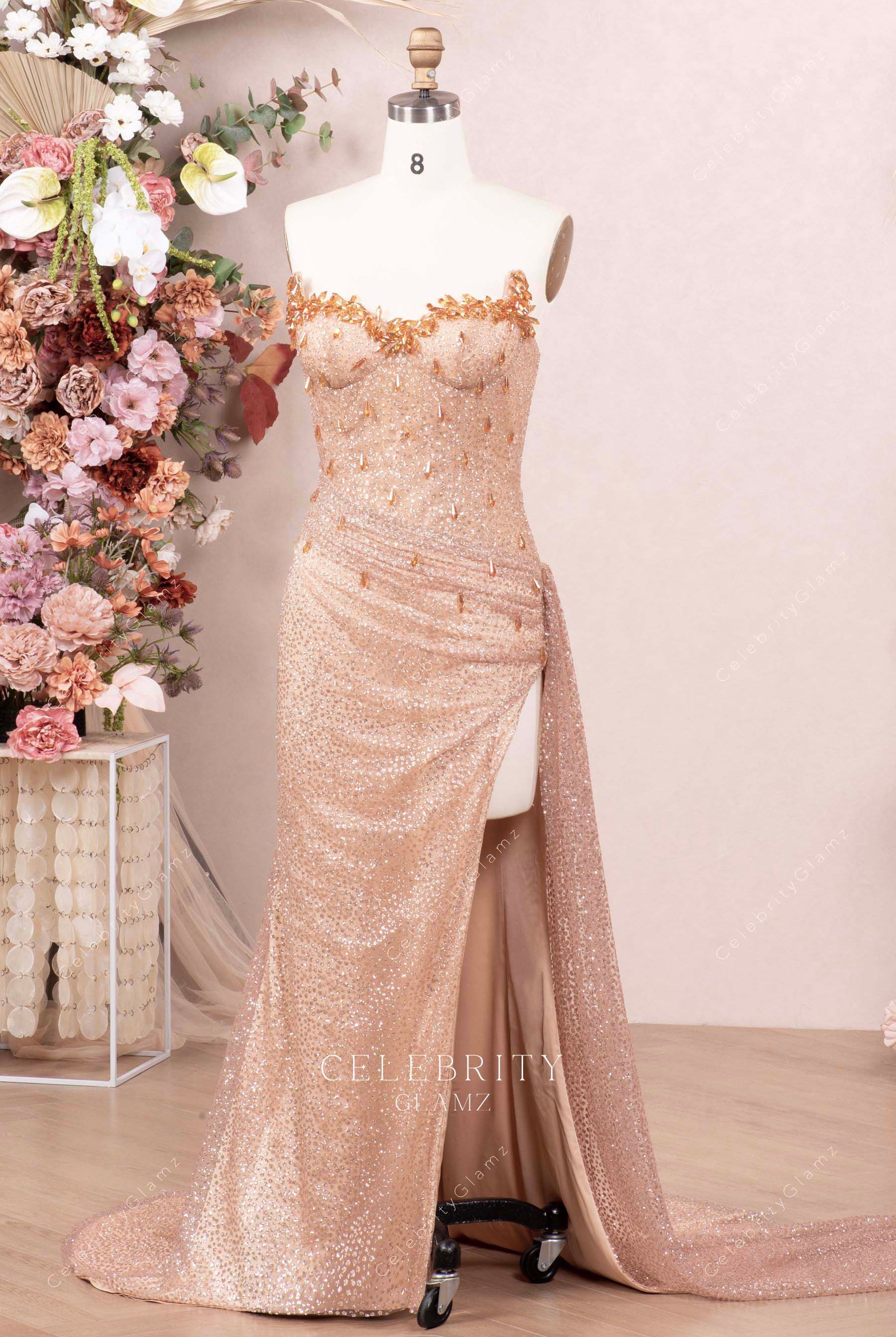 rose gold sparkly strapless prom dress