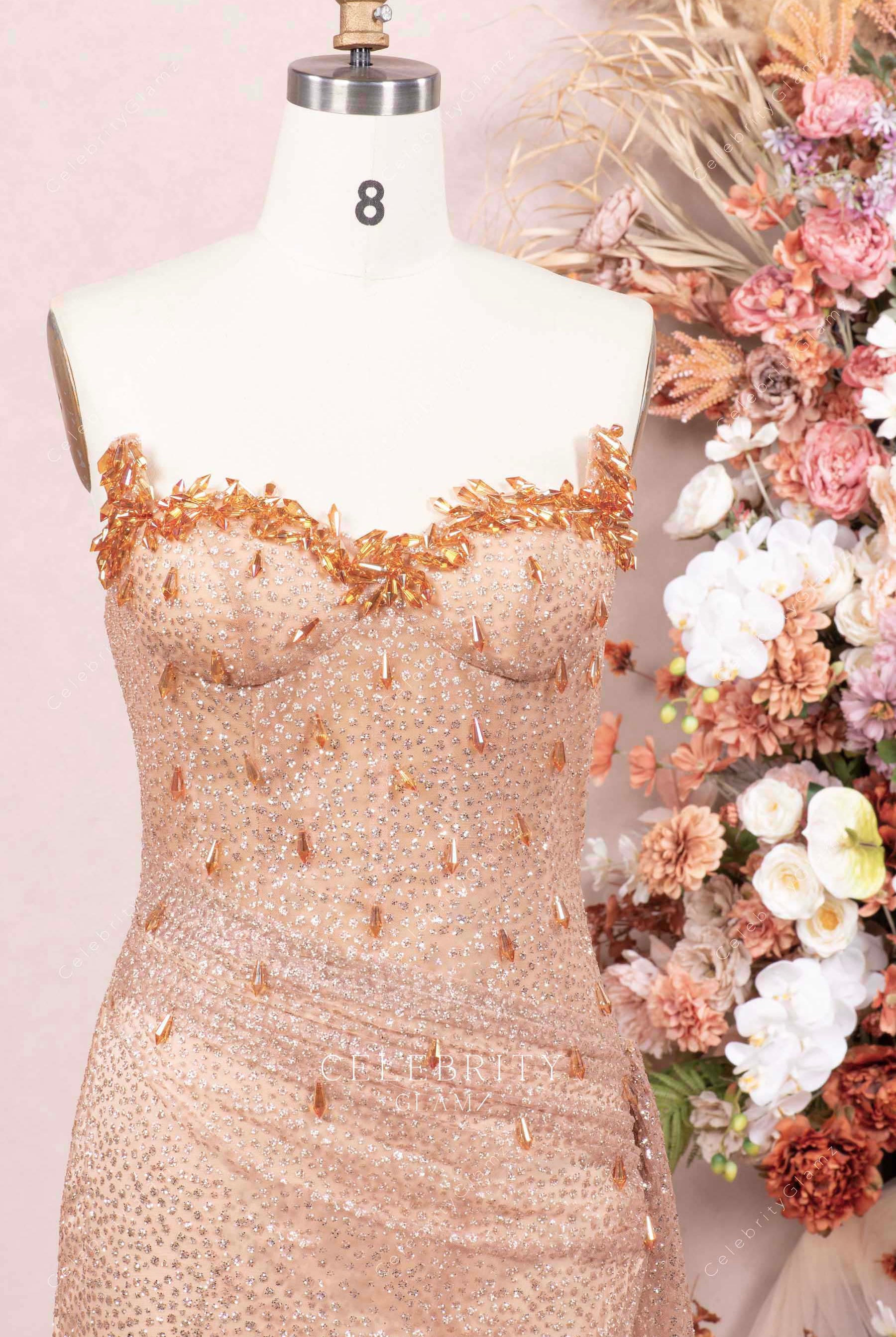 rose gold sweetheart neck prom dress