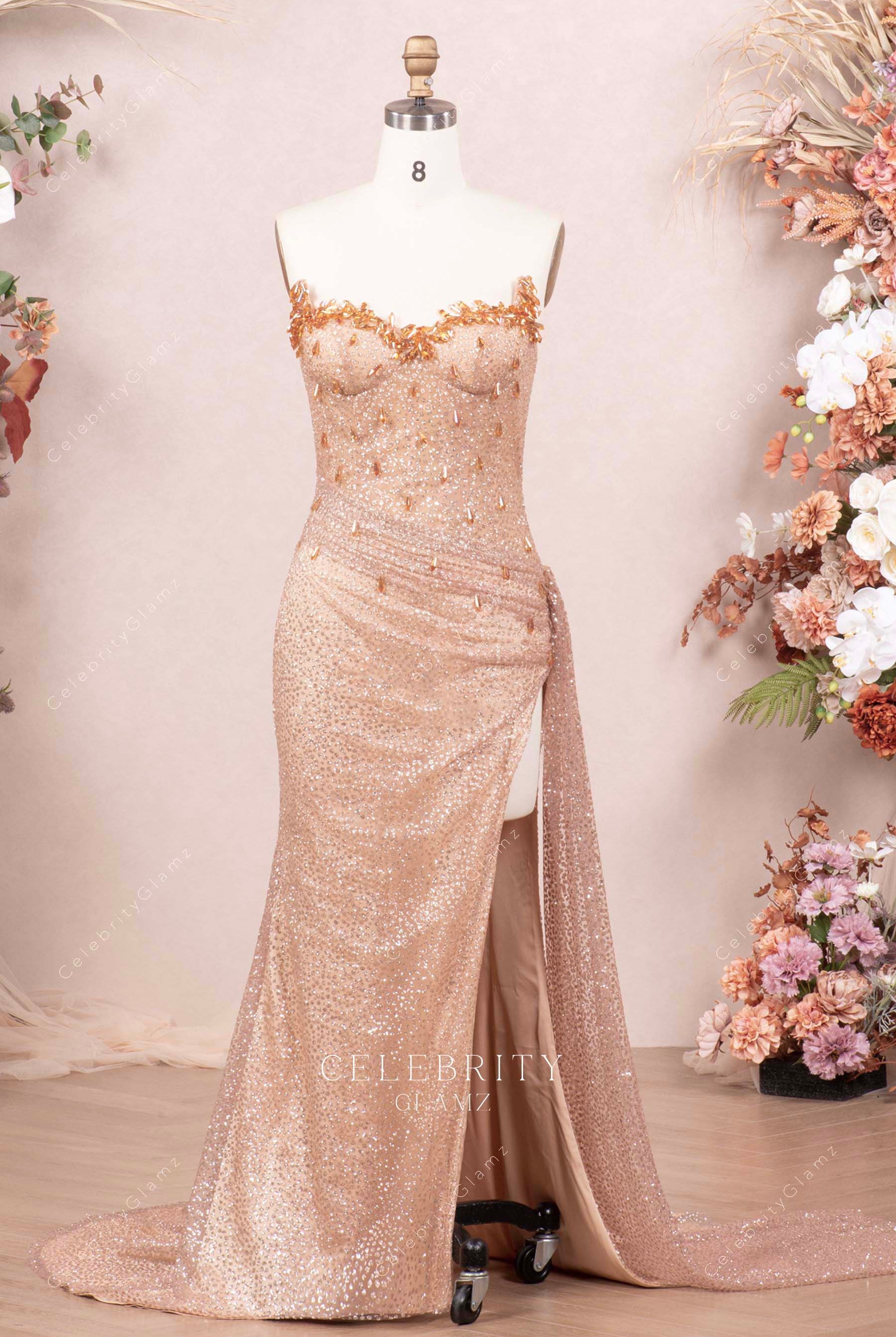 rose gold thigh split prom dress