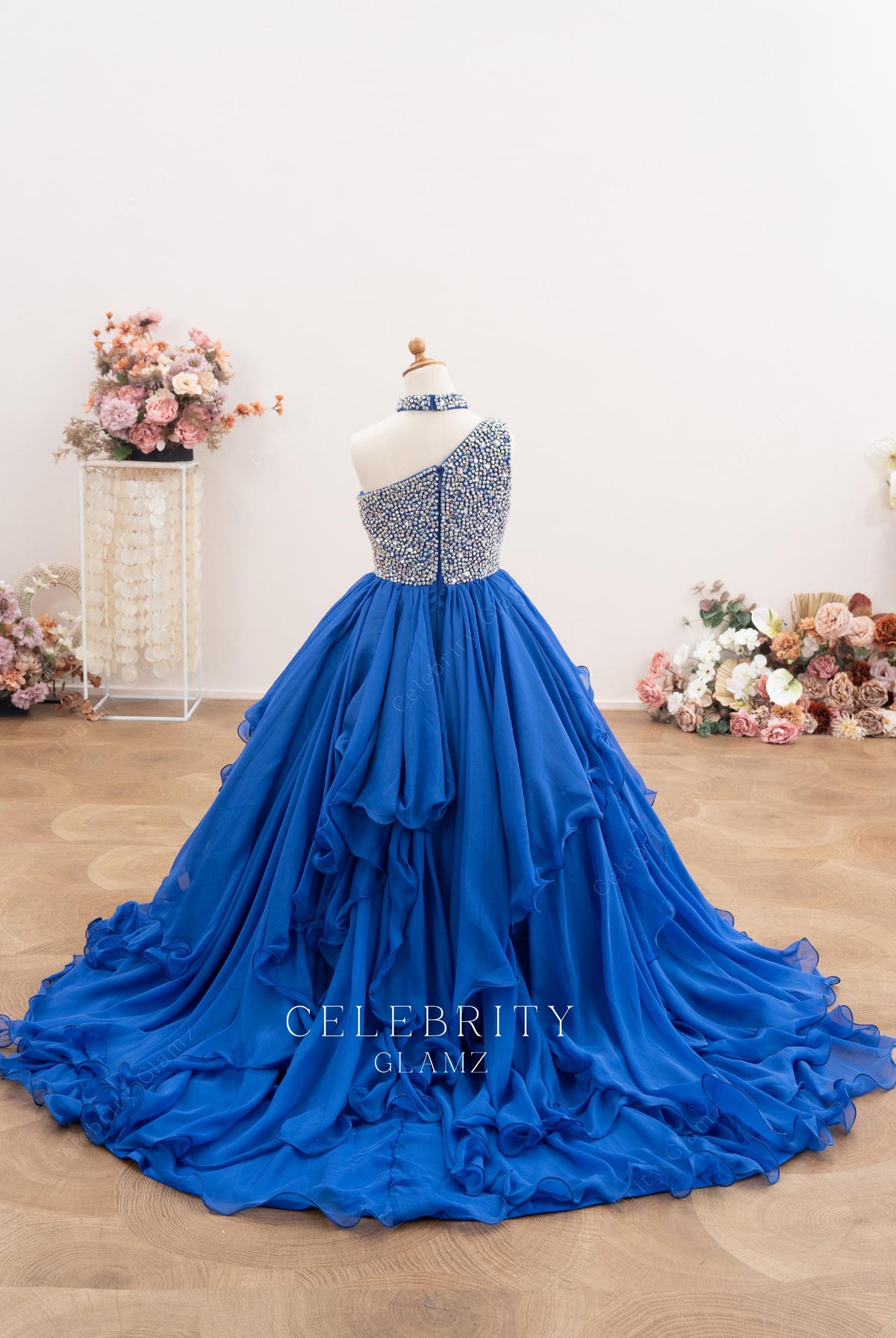 royal blue a line court train pageant dress