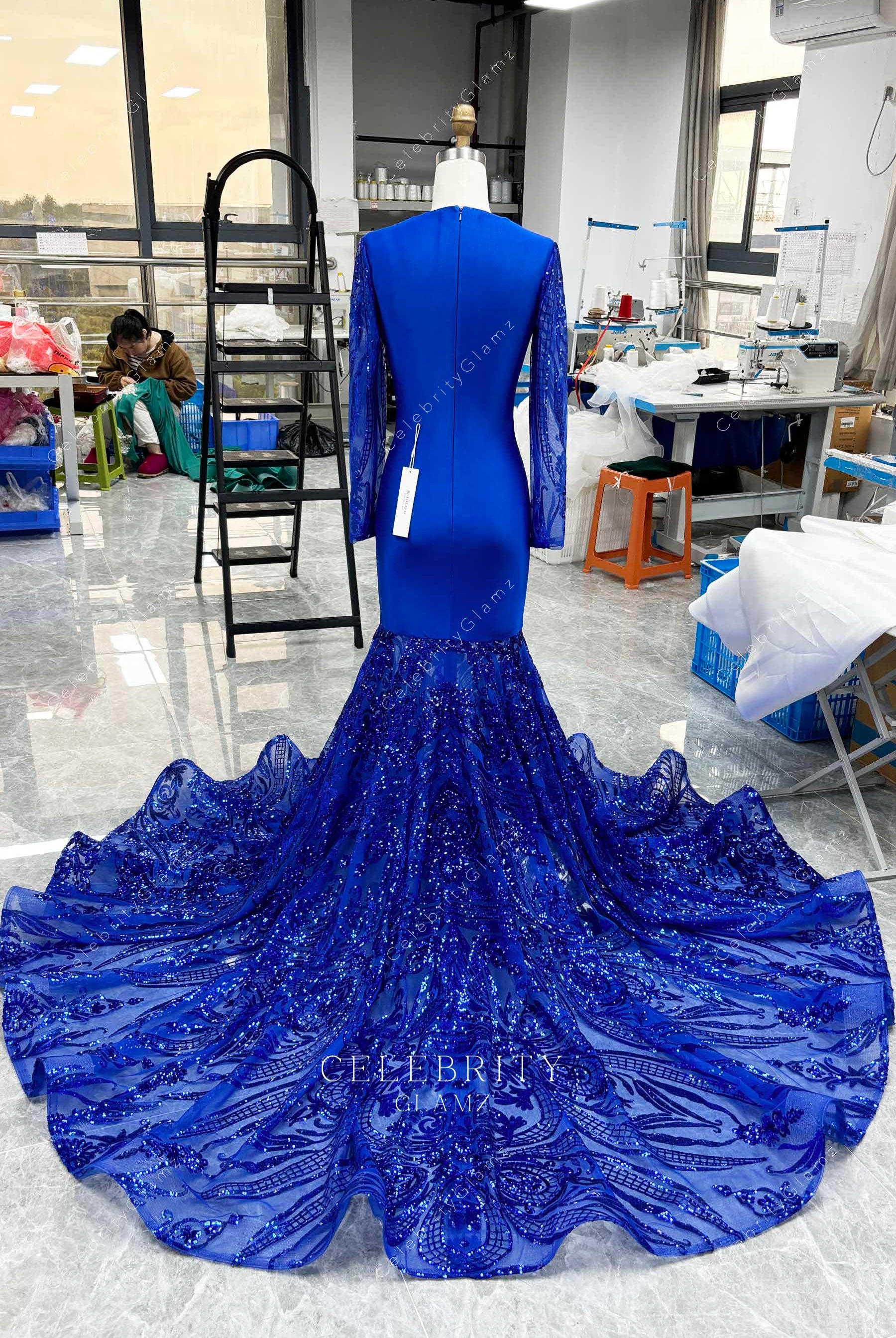 royal blue chapel train prom dress