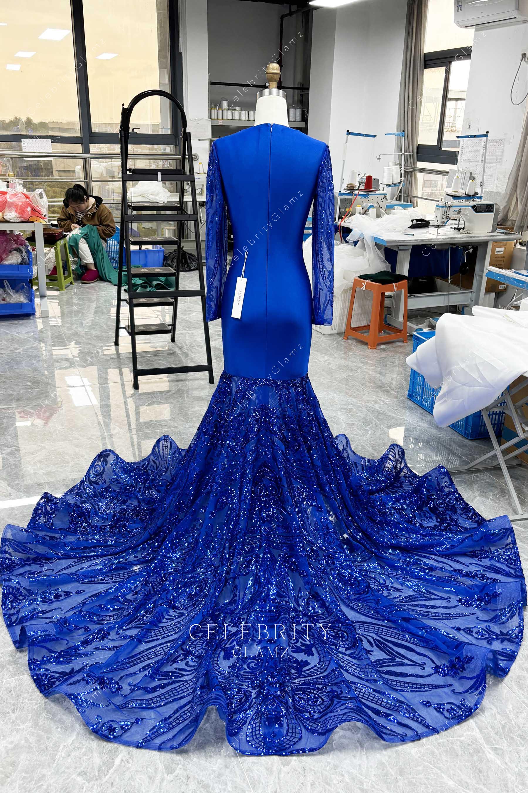 royal blue chapel train prom dress