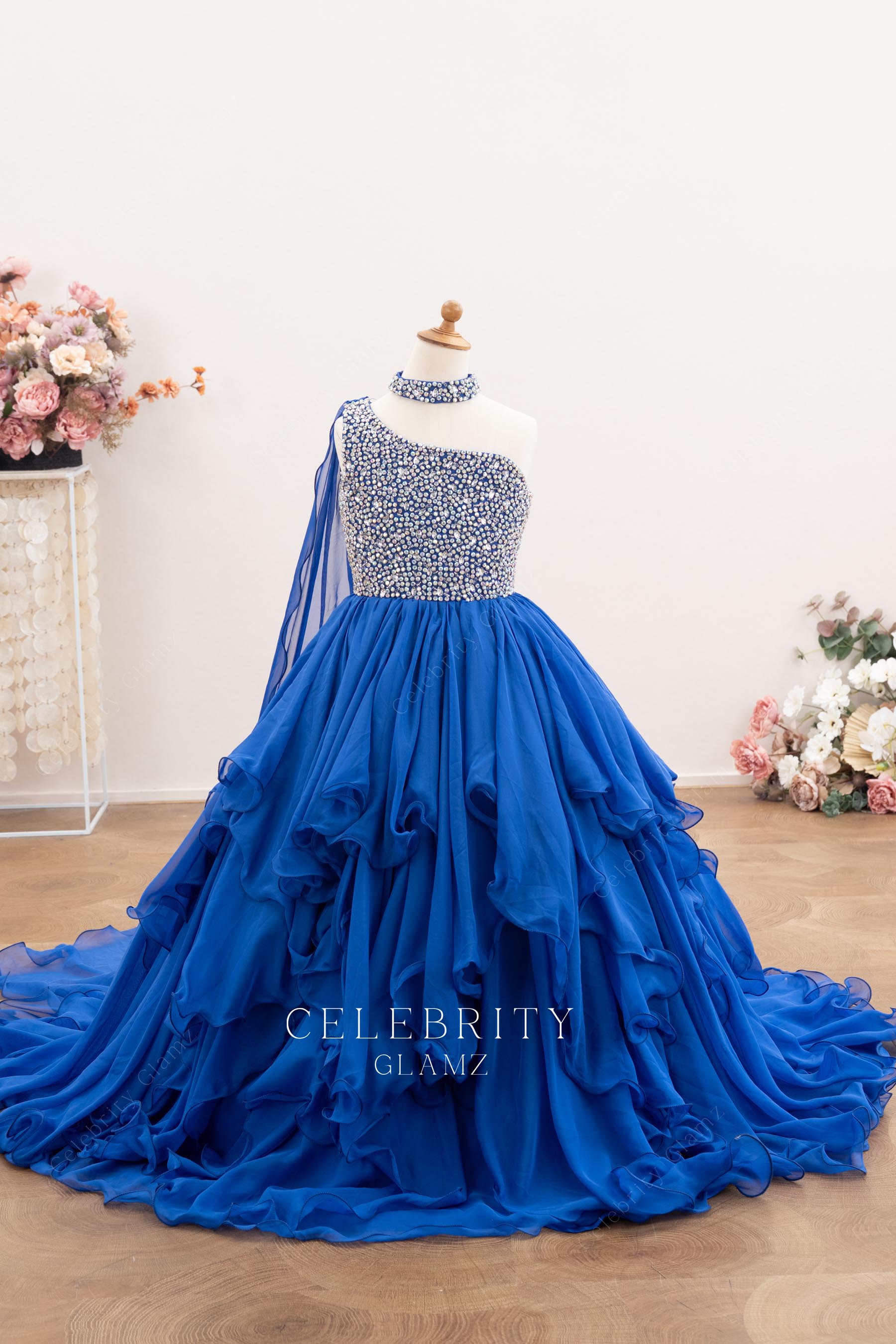 royal blue chiffon asymmetrical neck pageant dress