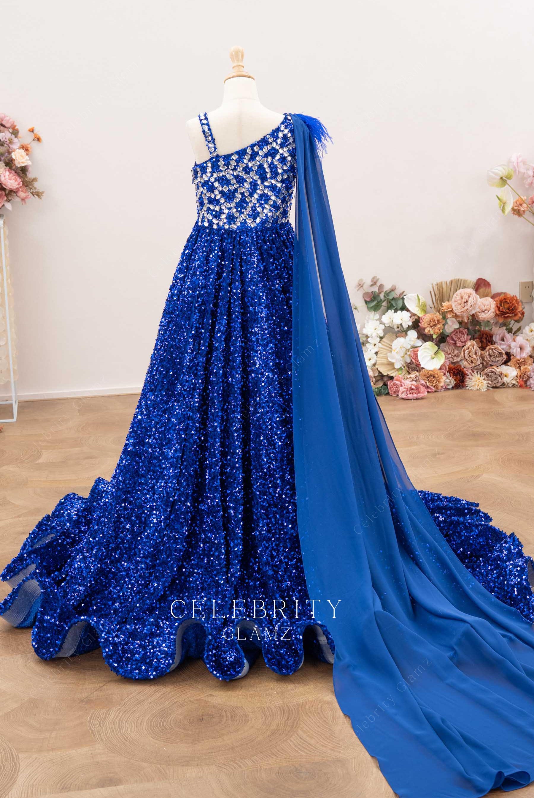 royal blue court train pageant dress