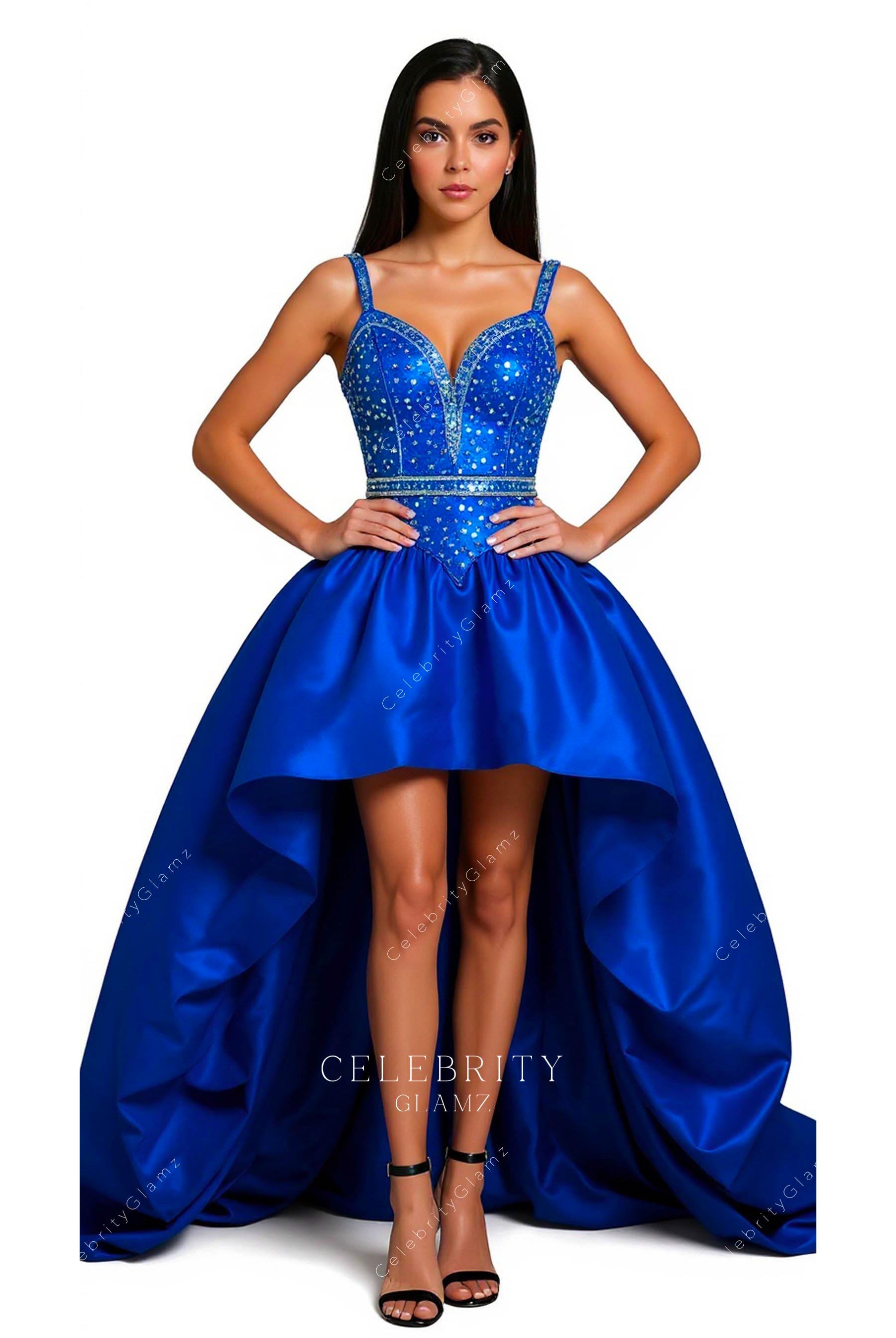 royal blue glitter high low formal dress