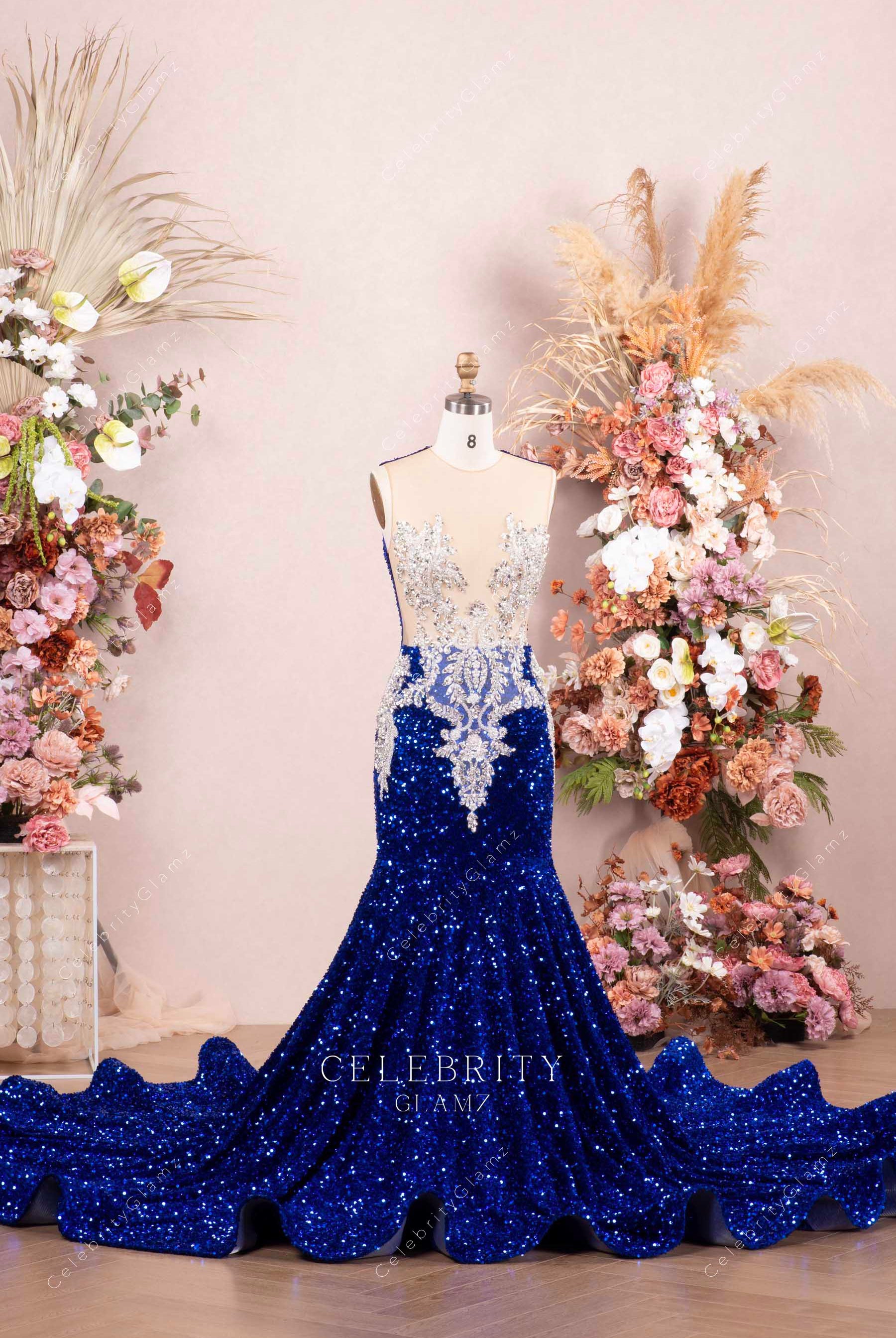 royal blue glitter trumpet prom dress