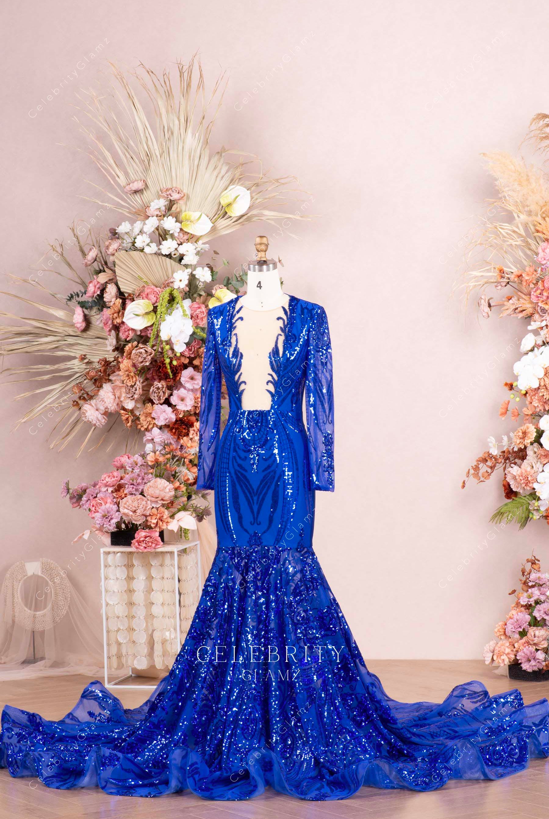 royal blue illusion plunging neck trumpet prom dress