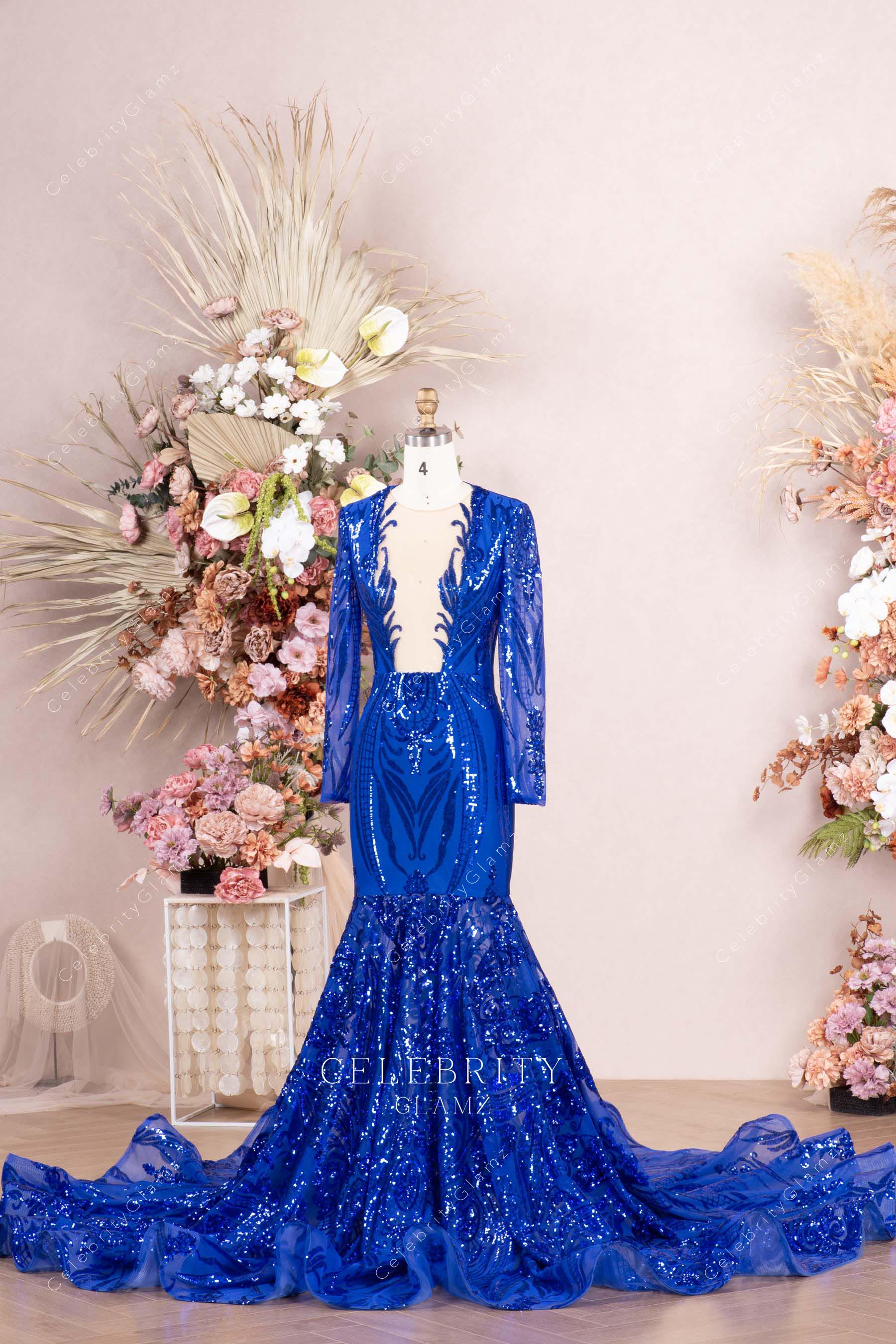 royal blue illusion plunging neck trumpet prom dress
