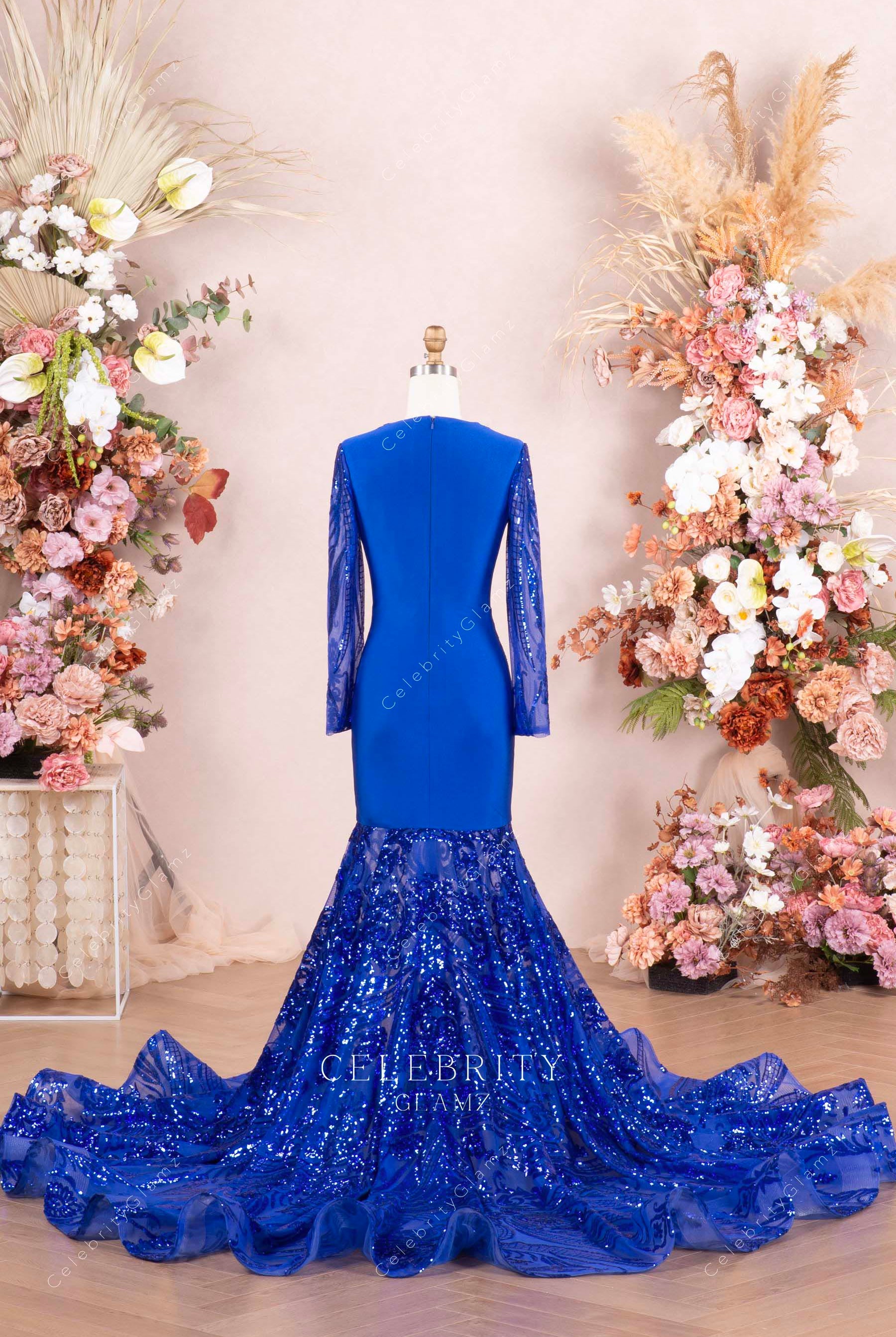 royal blue long sleeves trumpet prom dress