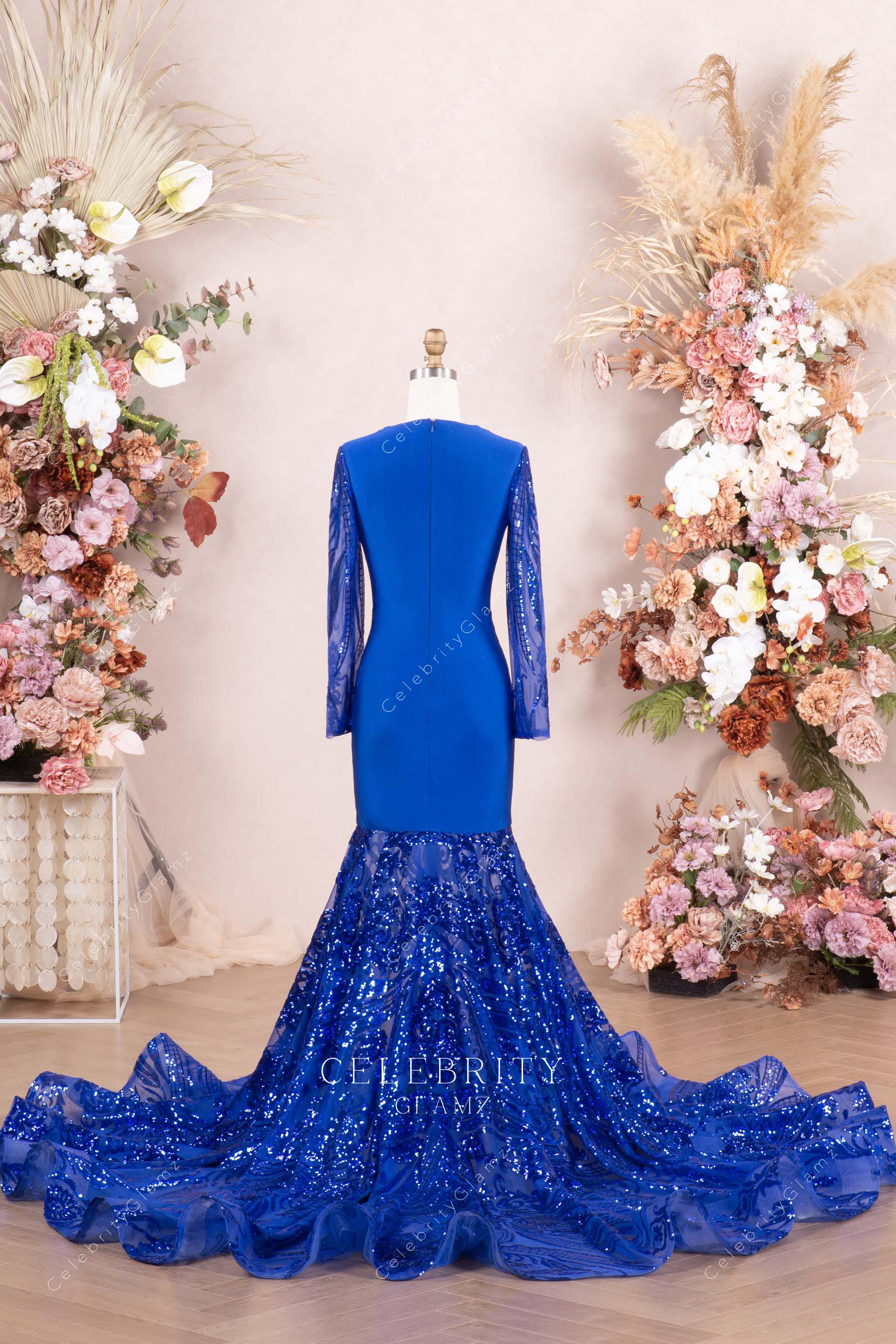 royal blue long sleeves trumpet prom dress