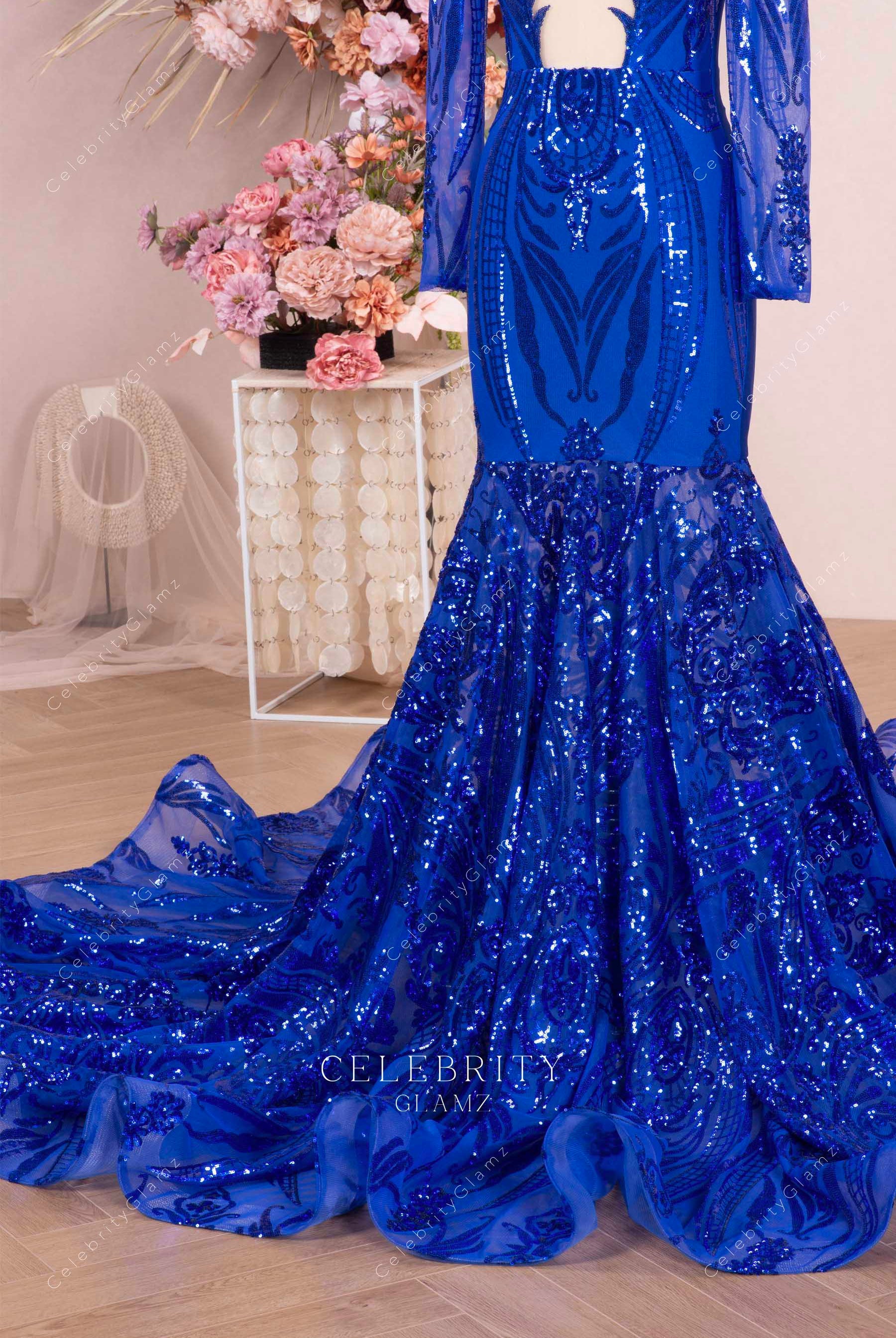 royal blue sequined illusion sleeves prom dress