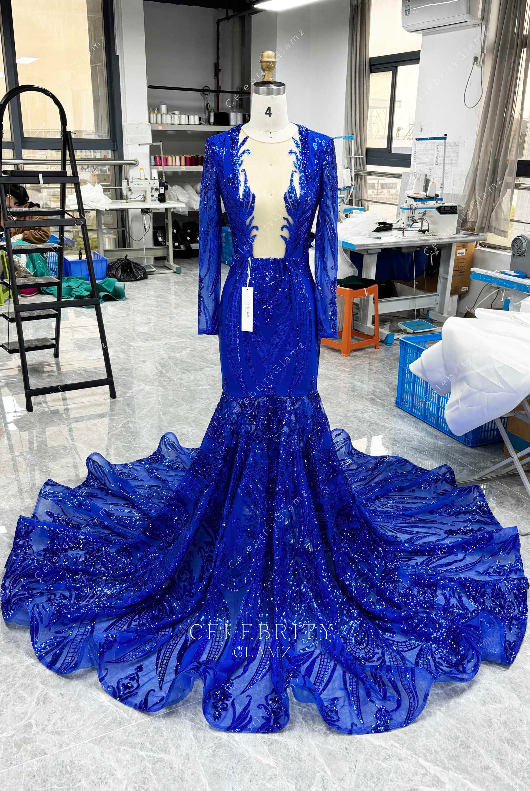 royal blue sequined lace appliqued formal dress