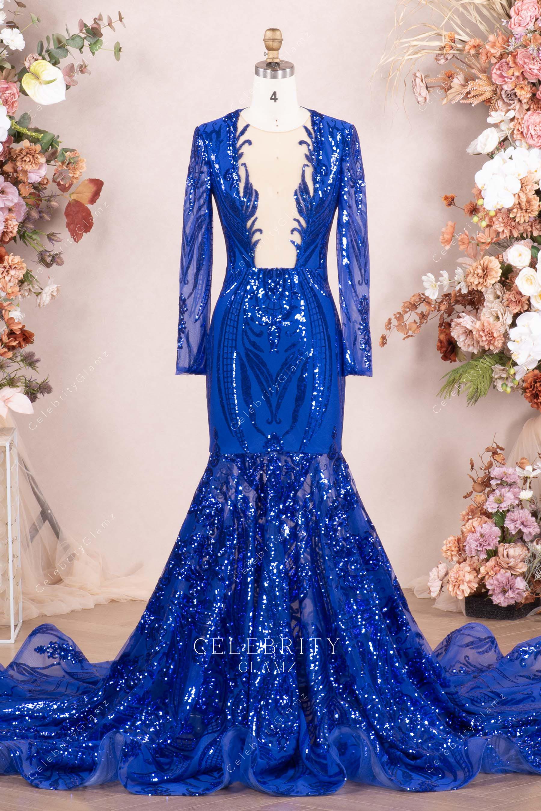 royal blue sequined trumpet prom dress