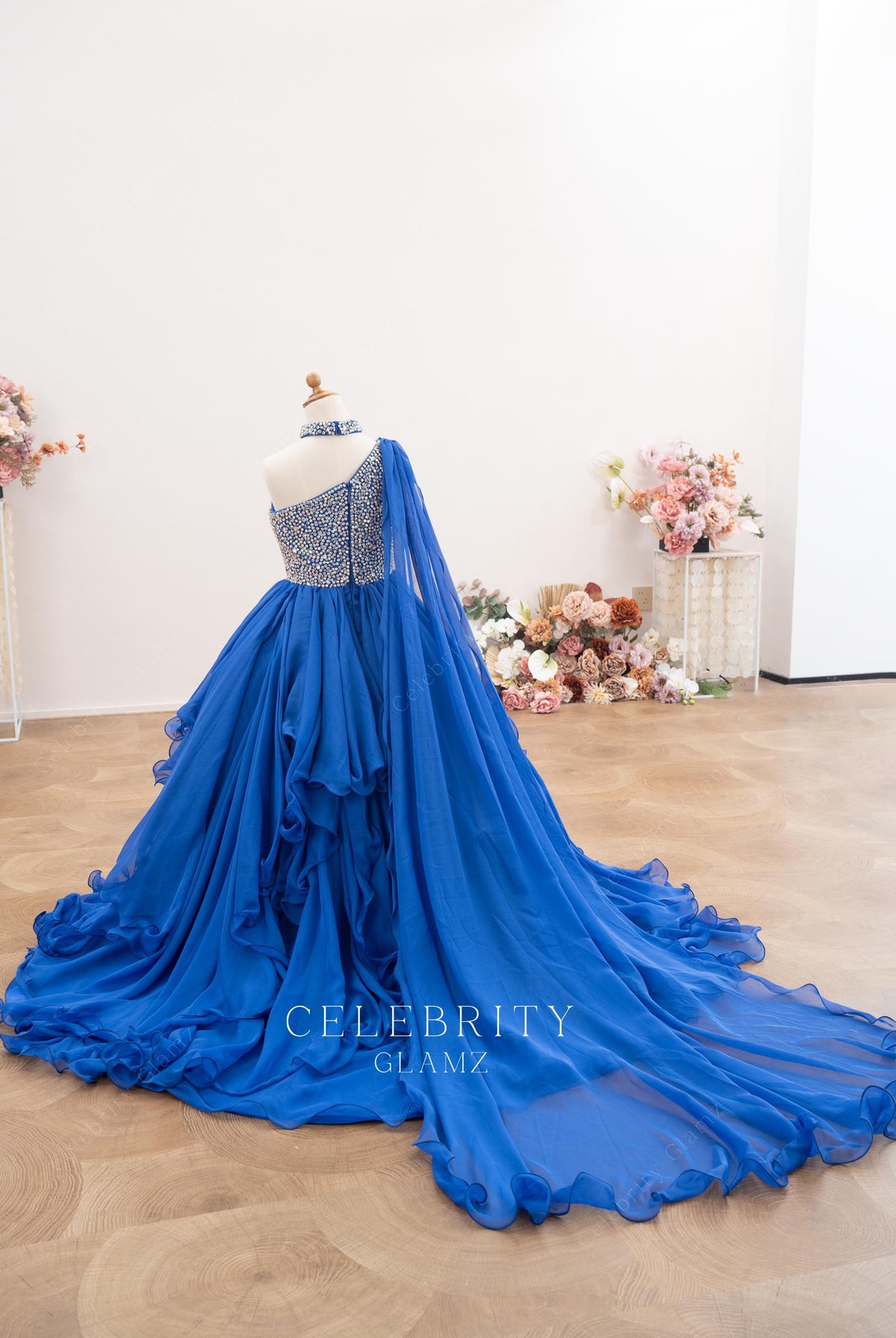 royal blue shoulder veil pageant dress