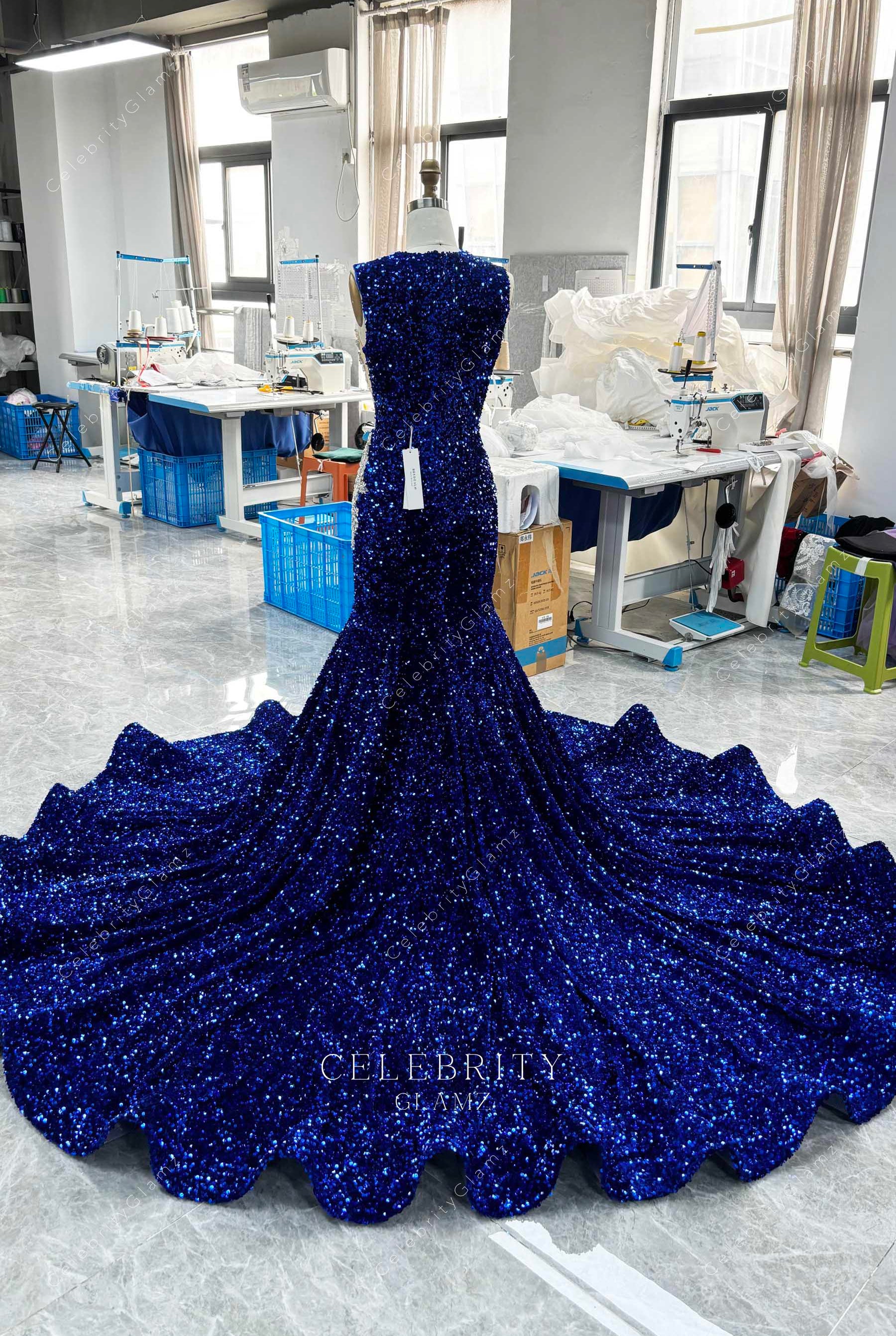 royal blue trumpet chapel train prom dress