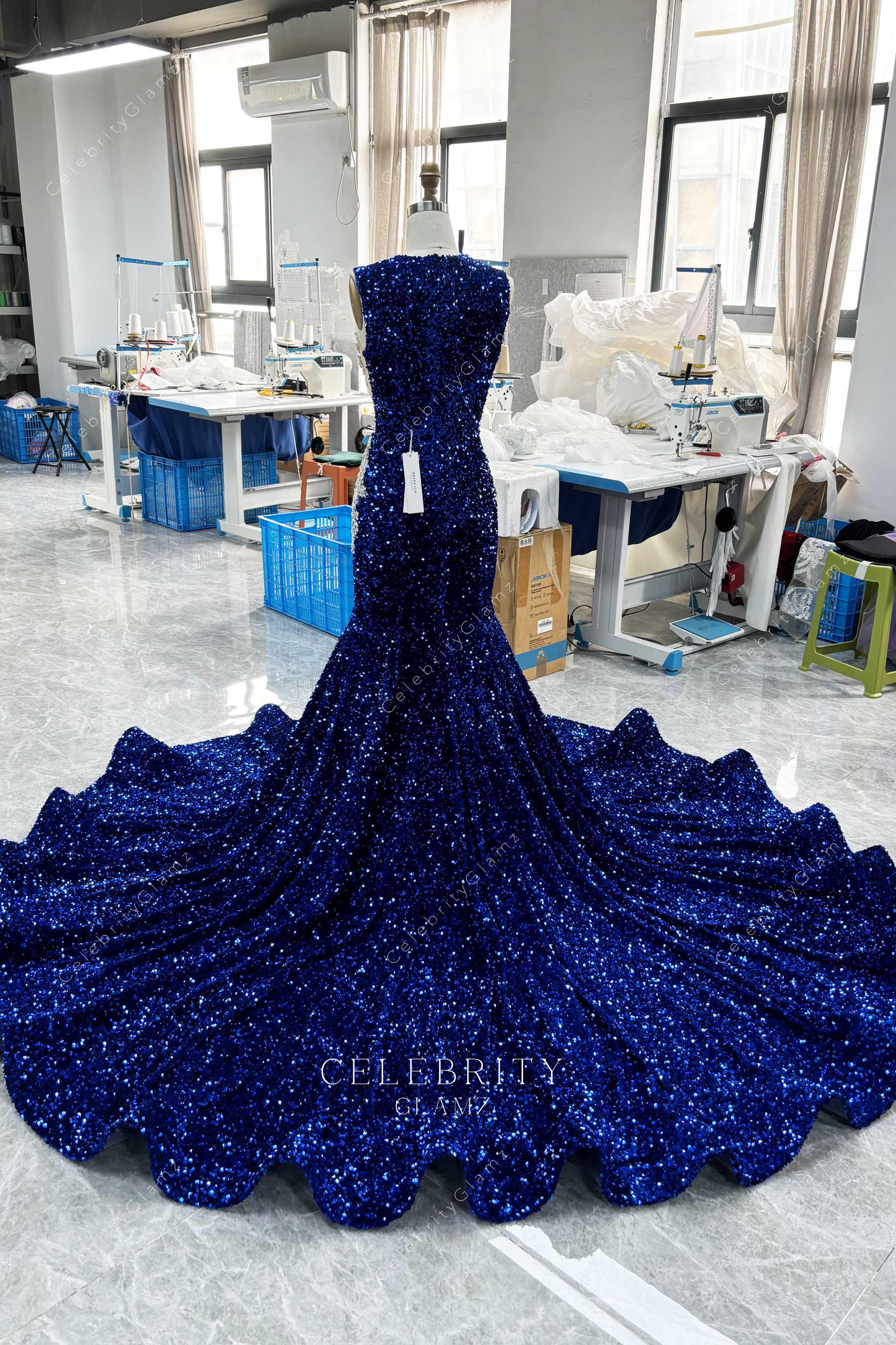 royal blue trumpet chapel train prom dress