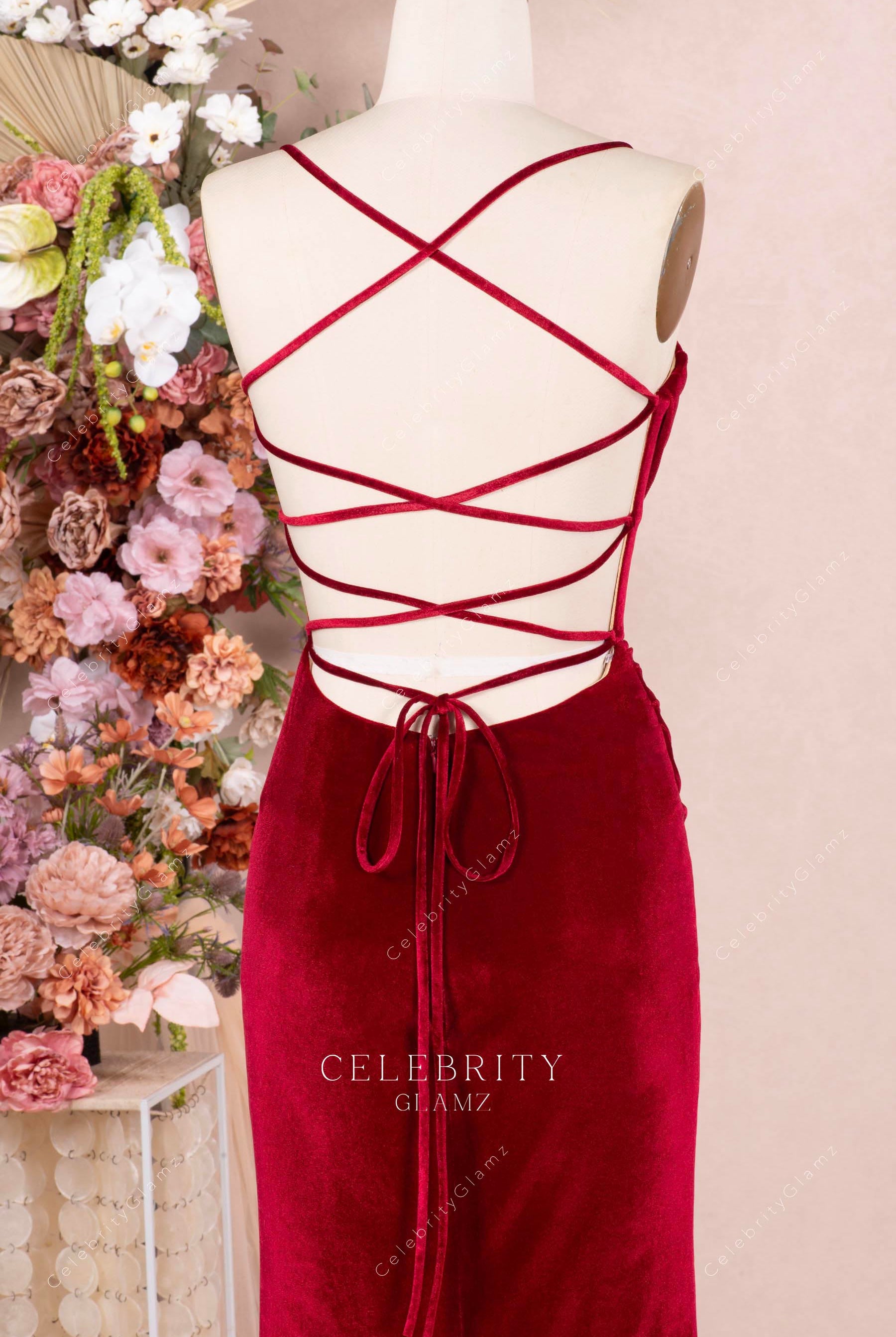ruby velvet crisscross back prom dress