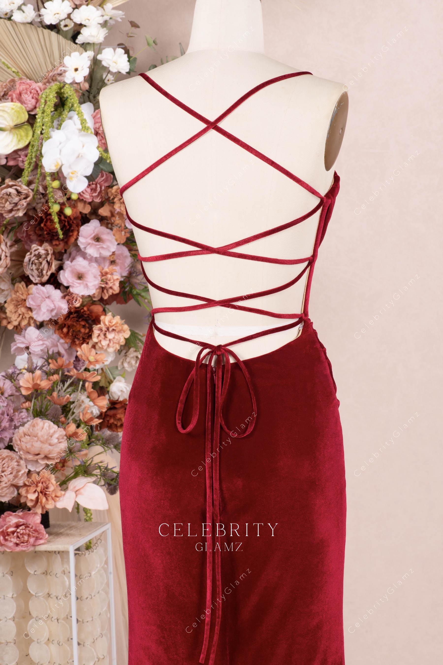 ruby velvet crisscross back prom dress