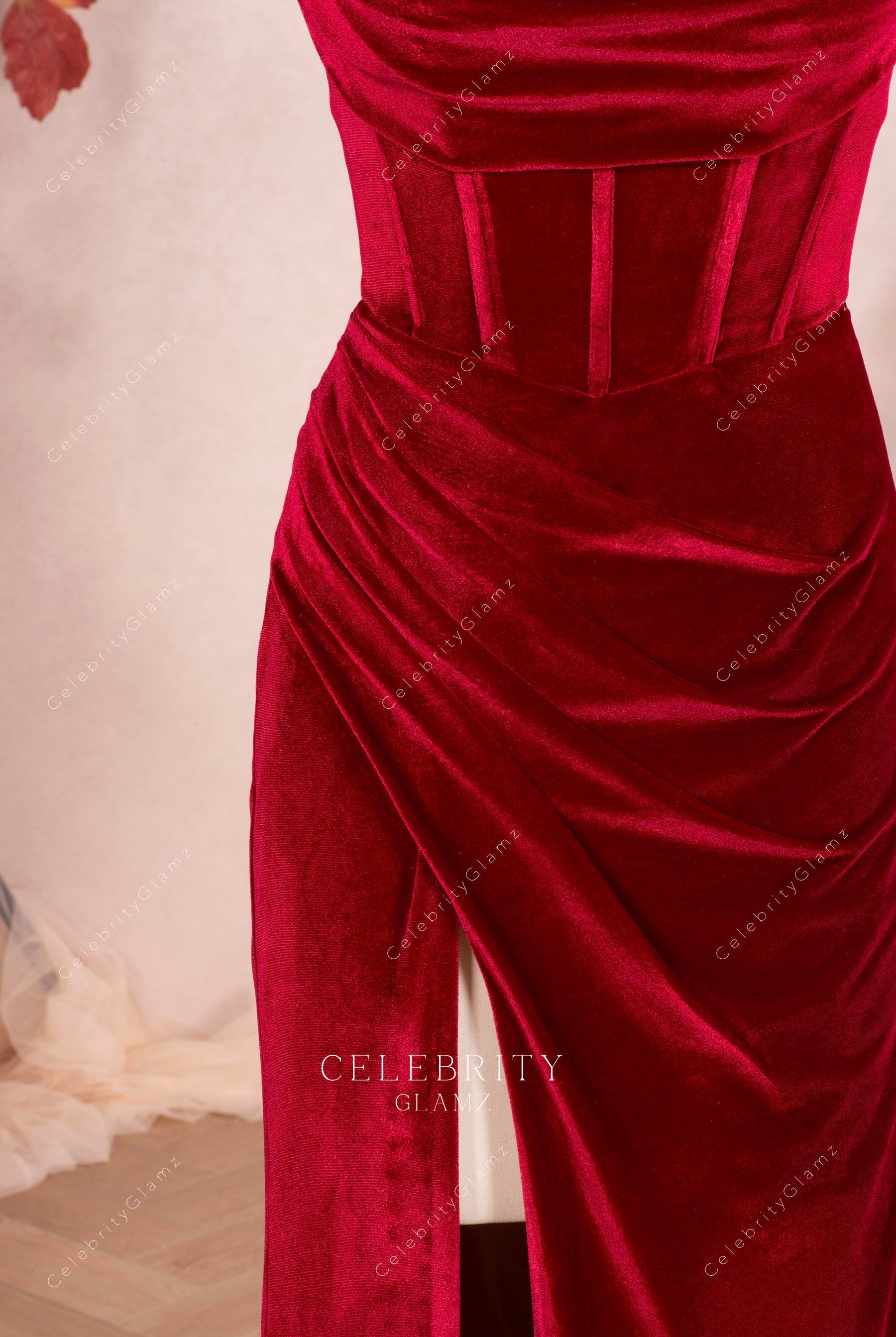ruby velvet pleated prom dress