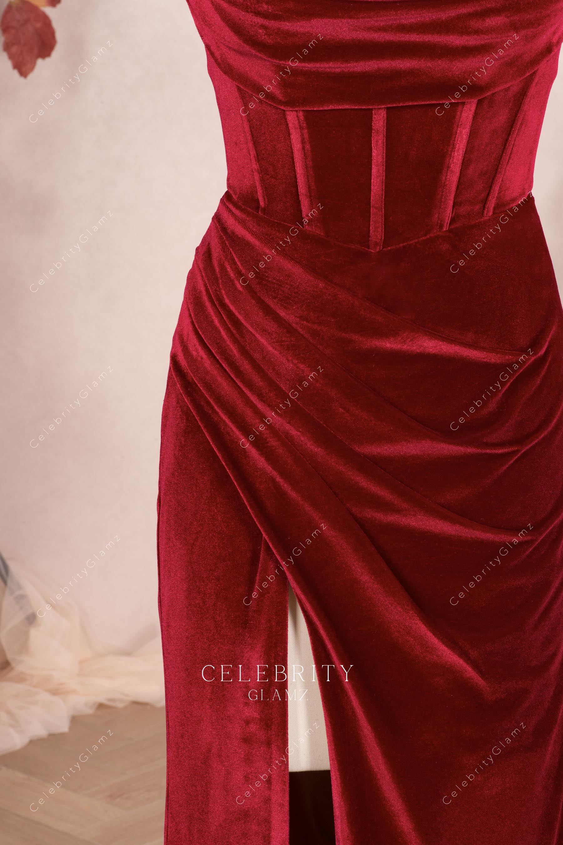 ruby velvet pleated prom dress