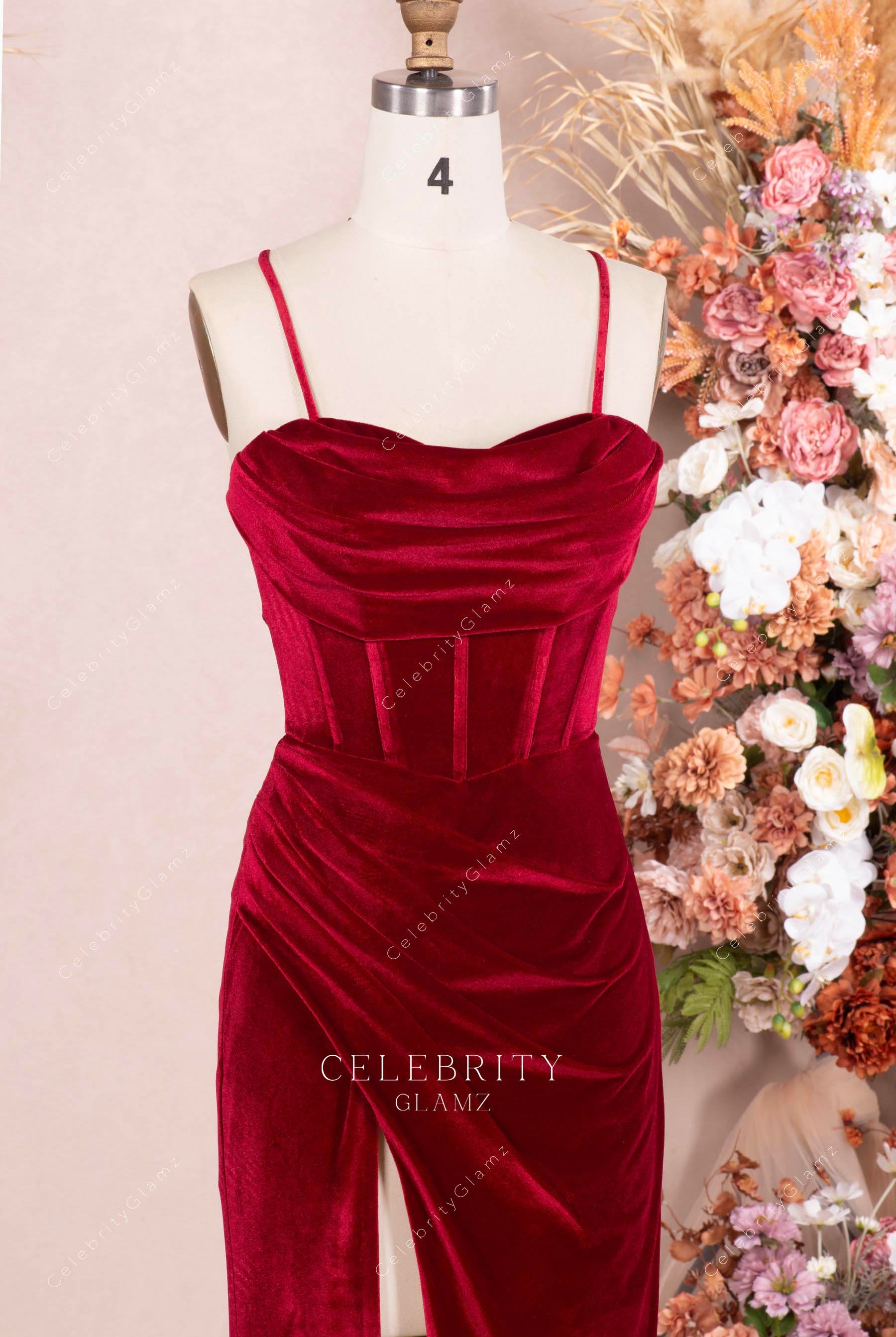 ruby velvet thin straps prom dress