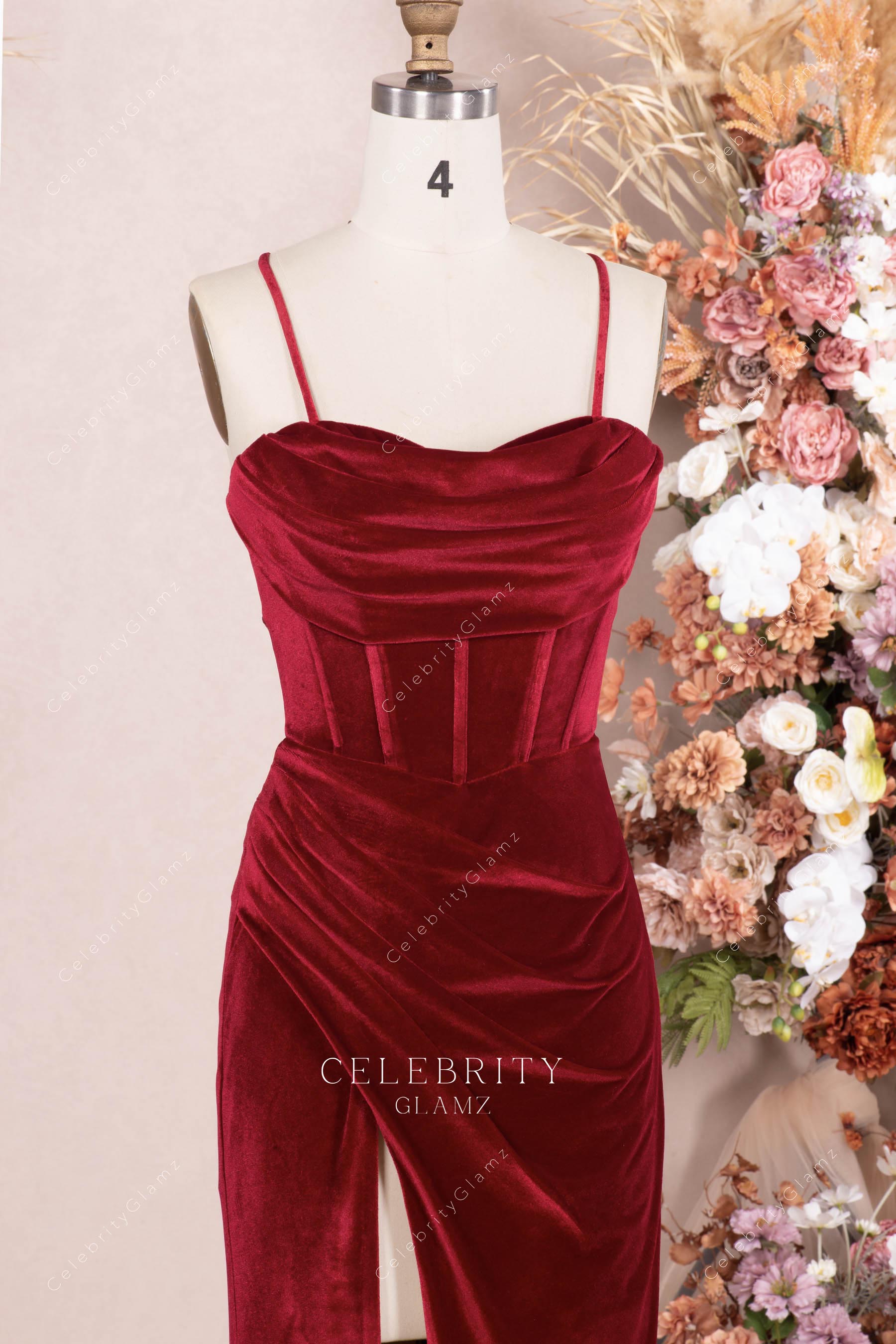 ruby velvet thin straps prom dress