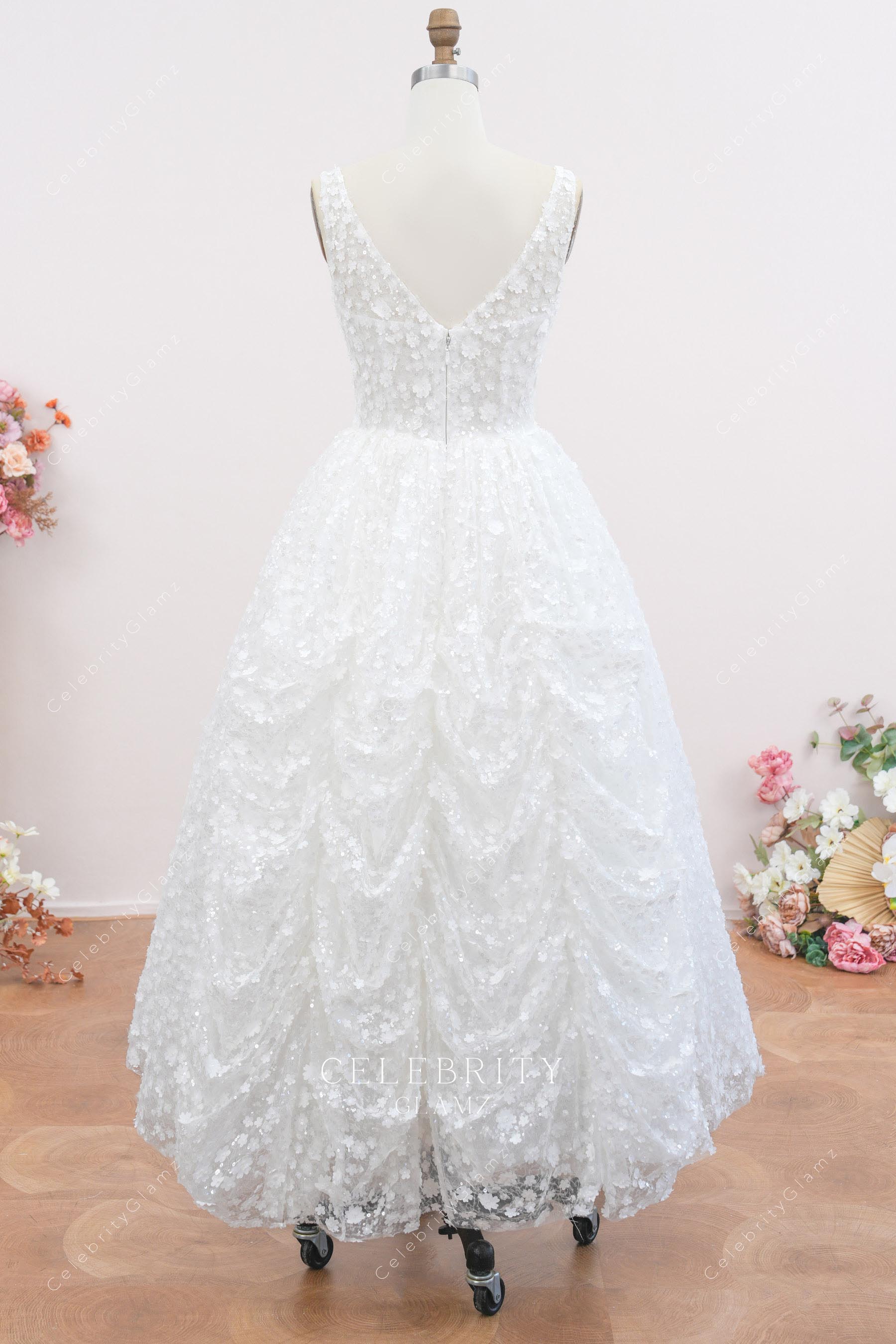 ruched lace a line bridal dress