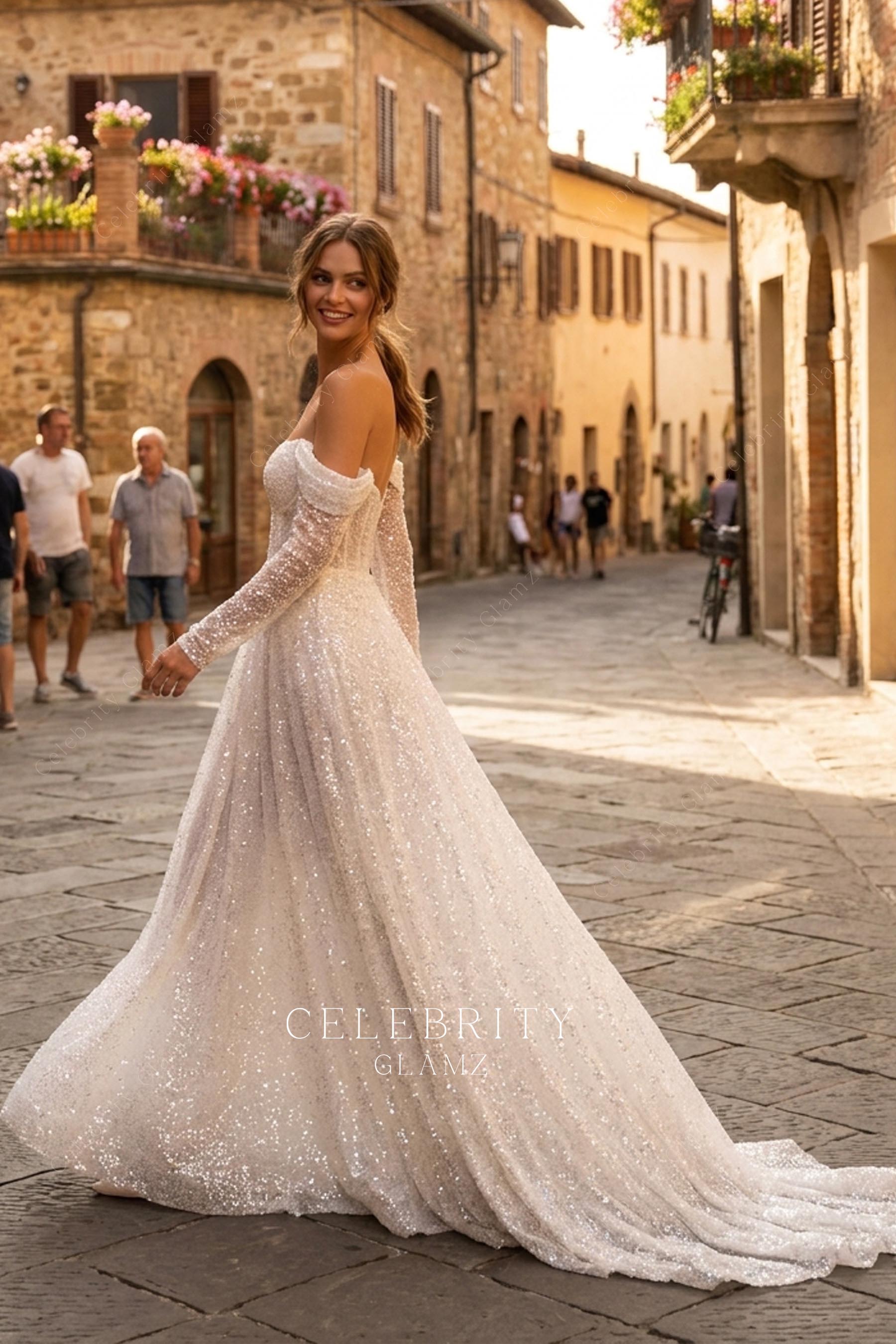 ruched long sleeve sparkly wedding dress