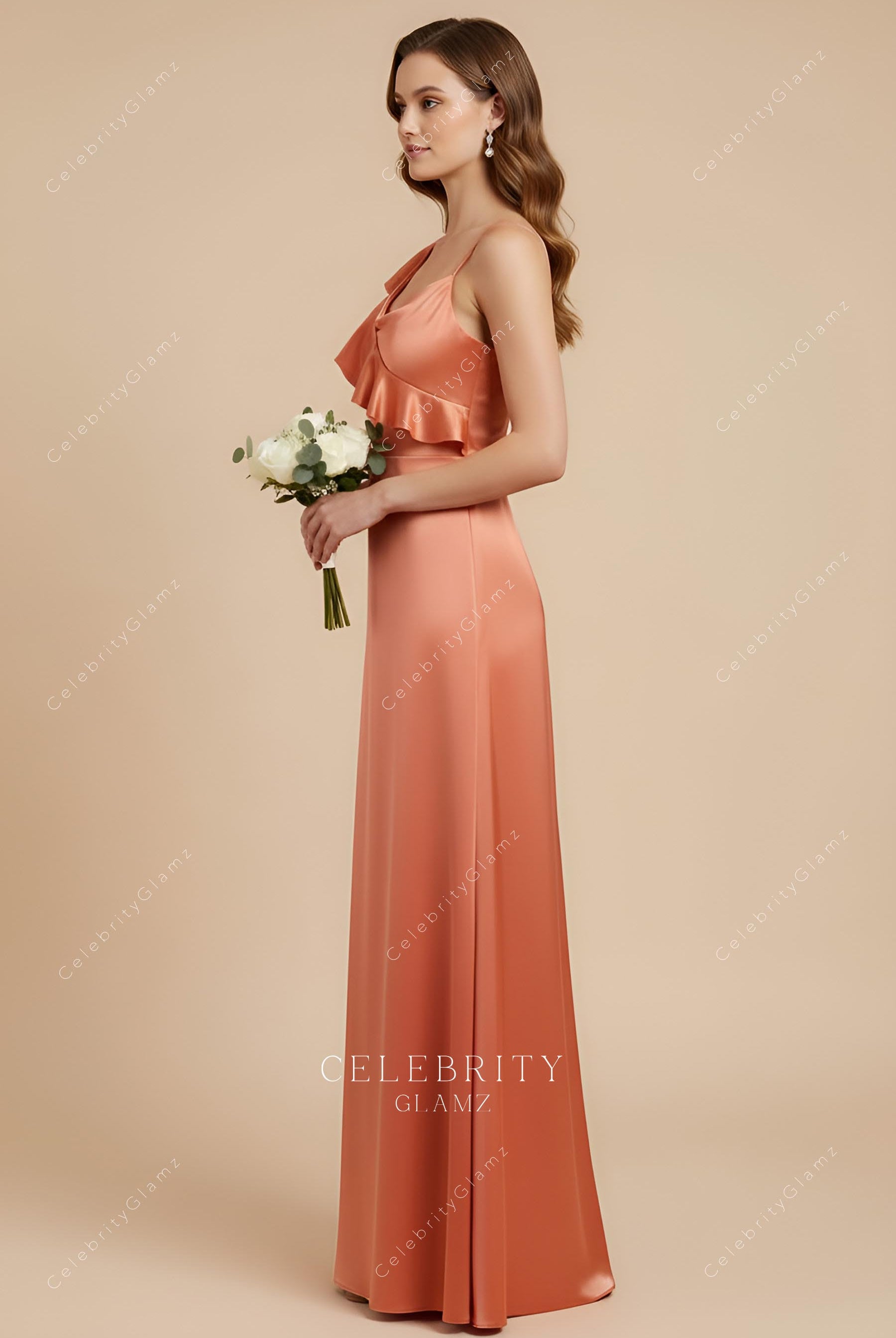 rusty satin a line long bridesmaid dress