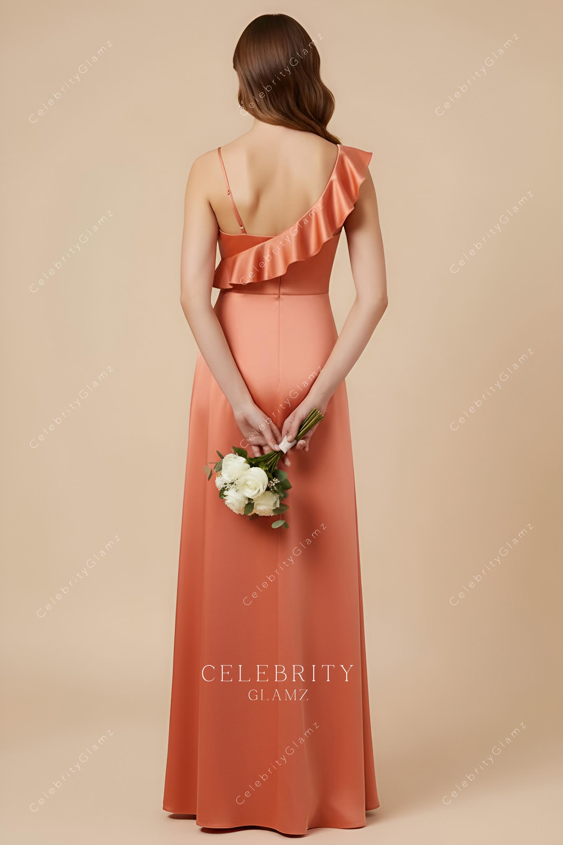 rusty satin ruffles bridesmaid dress