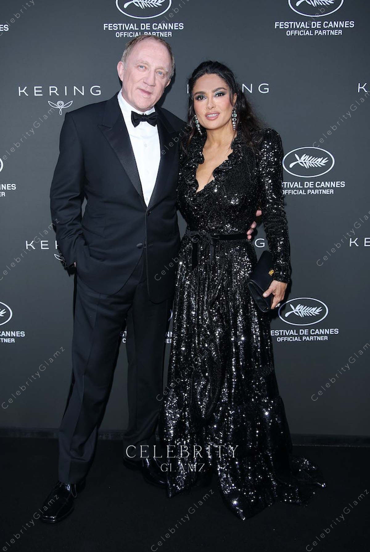 Salma Hayek black plunging neck 2023 Cannes film festival outfit