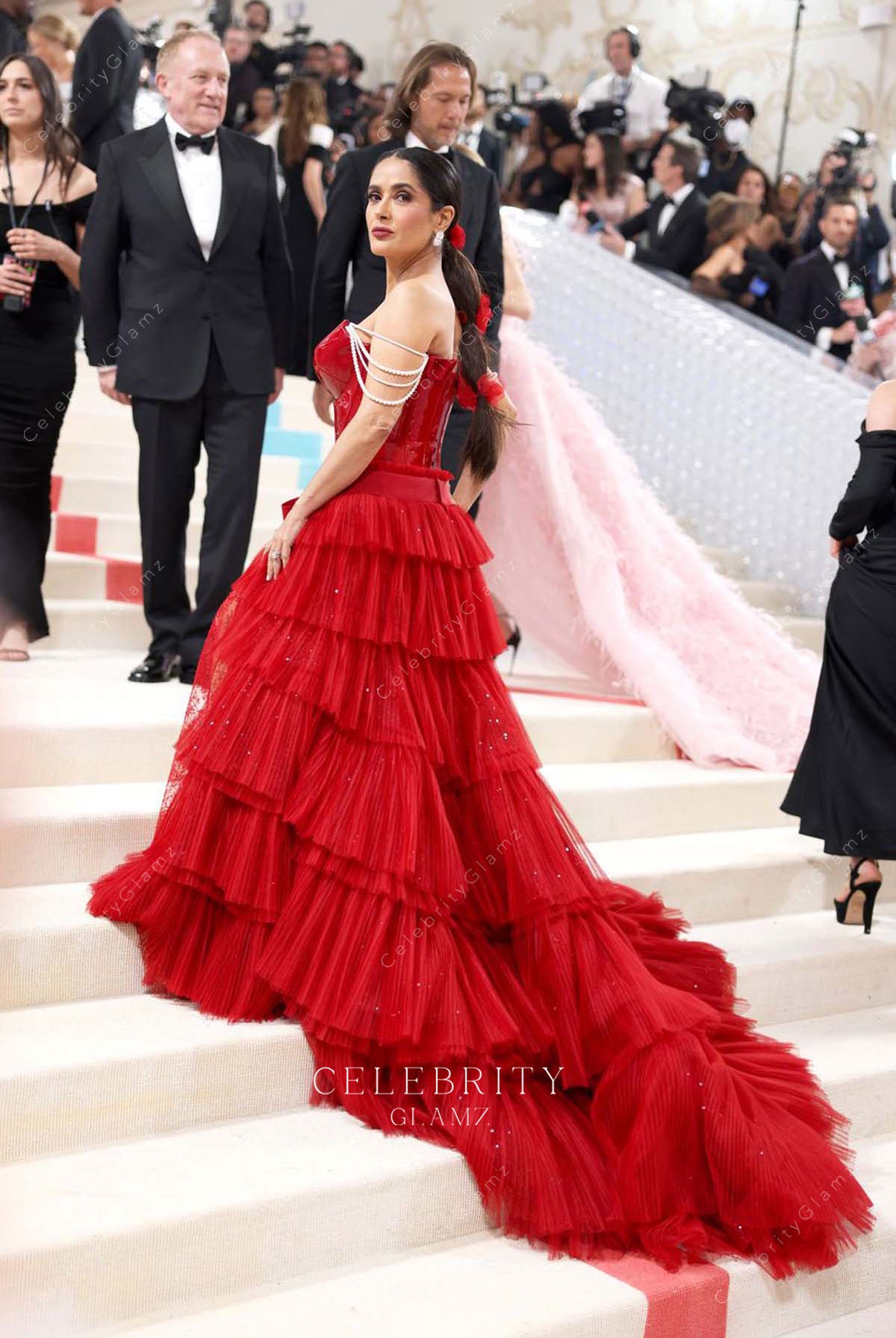 Salma Hayek red chapel train celebrity dress