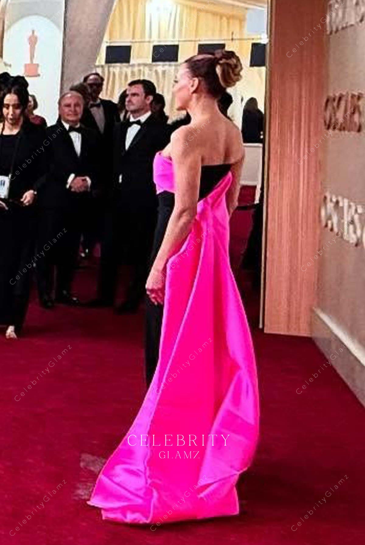 Sandra Hüller hot pink 2025 Watteau train Oscars red carpet dress