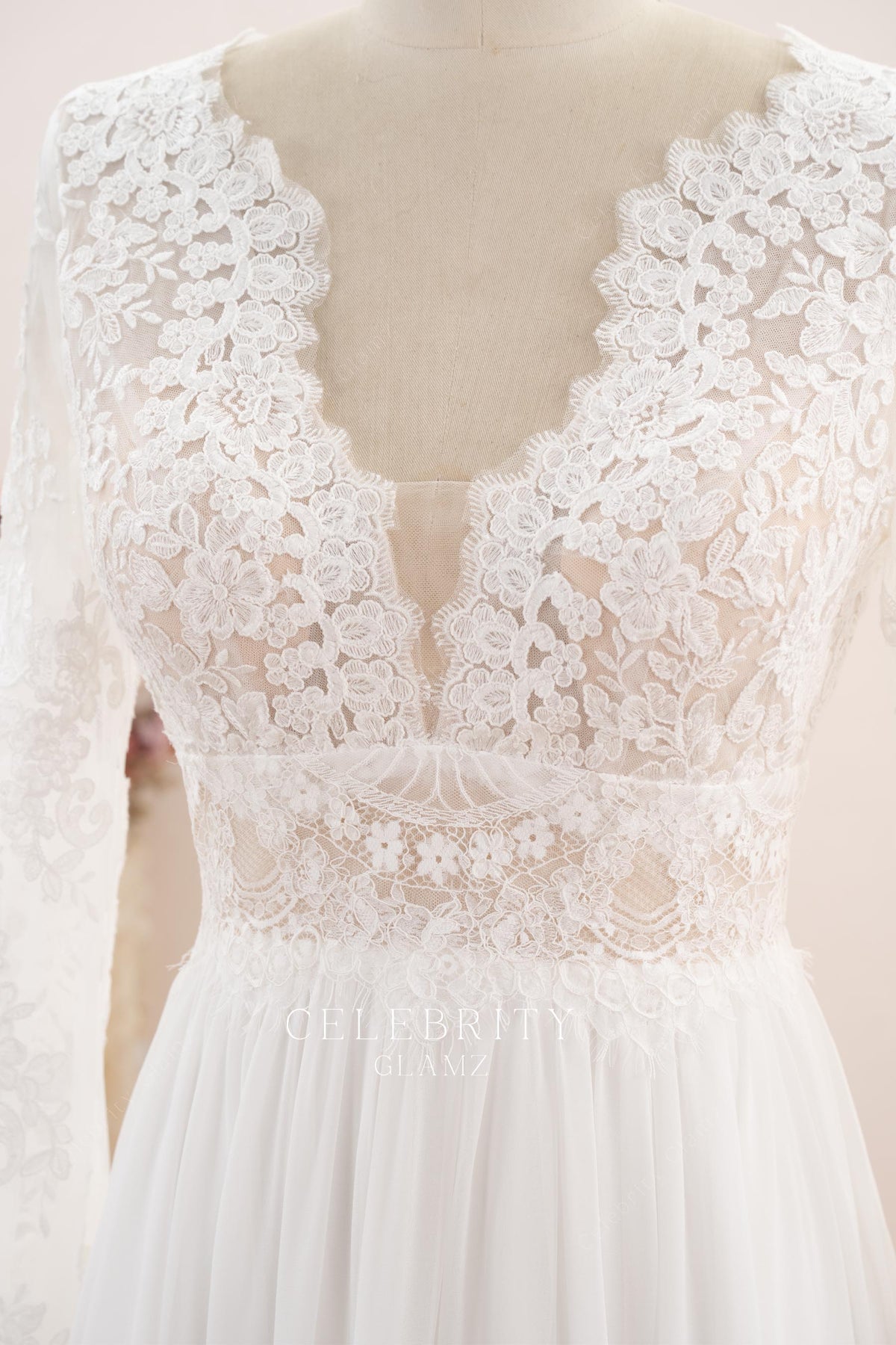 scalloped lace boho bridal dress