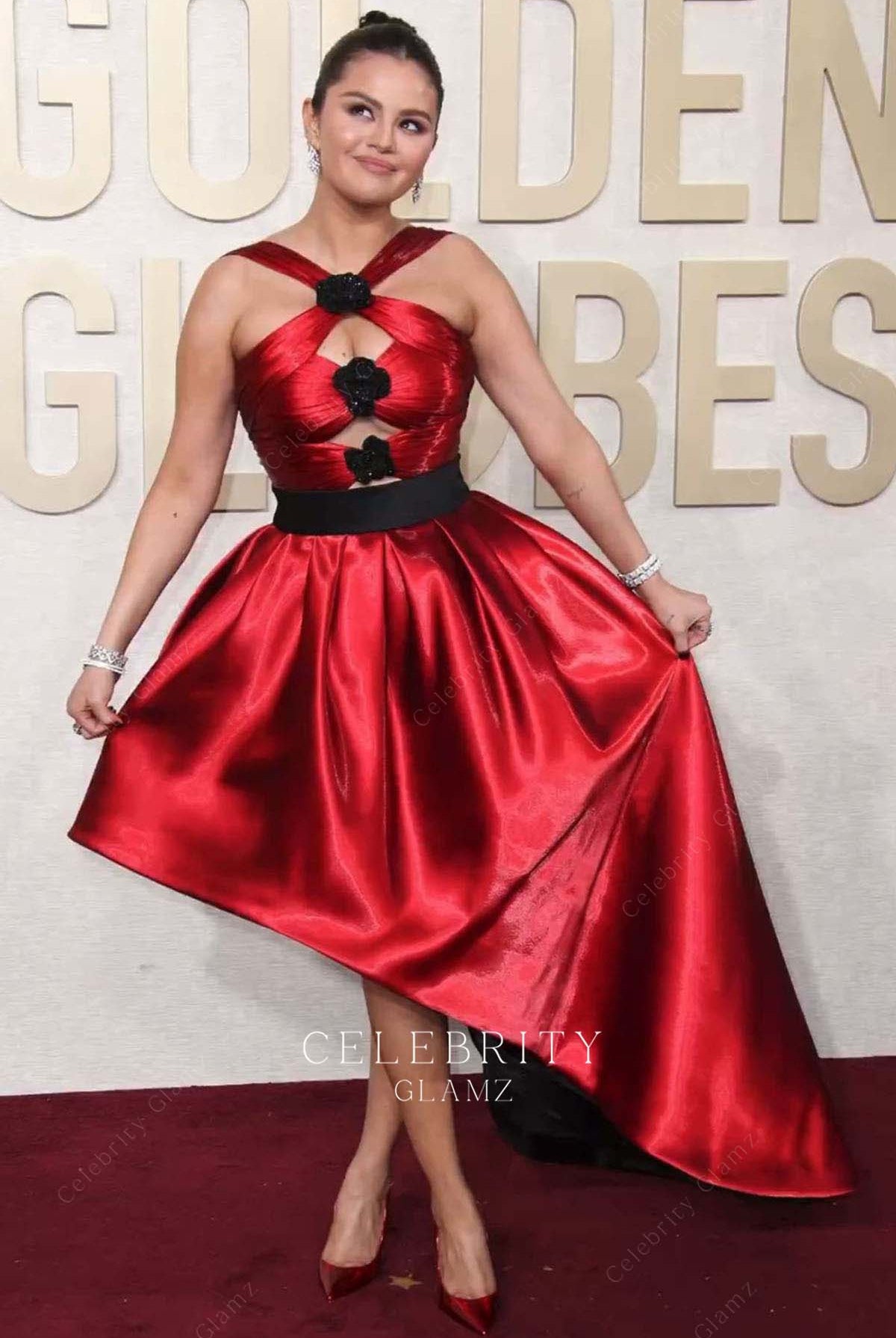 Selena Gomez a line asymmetrical dress 2024 gold globes red carpet