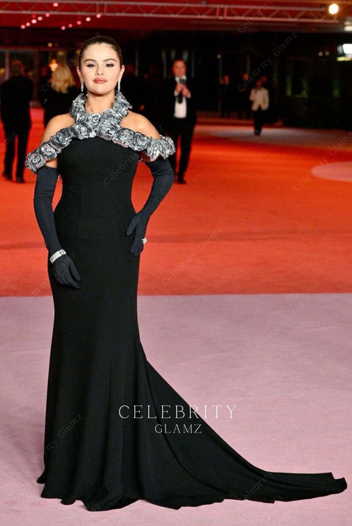 Selena Gomez black court train dress 2023 academy museum gala