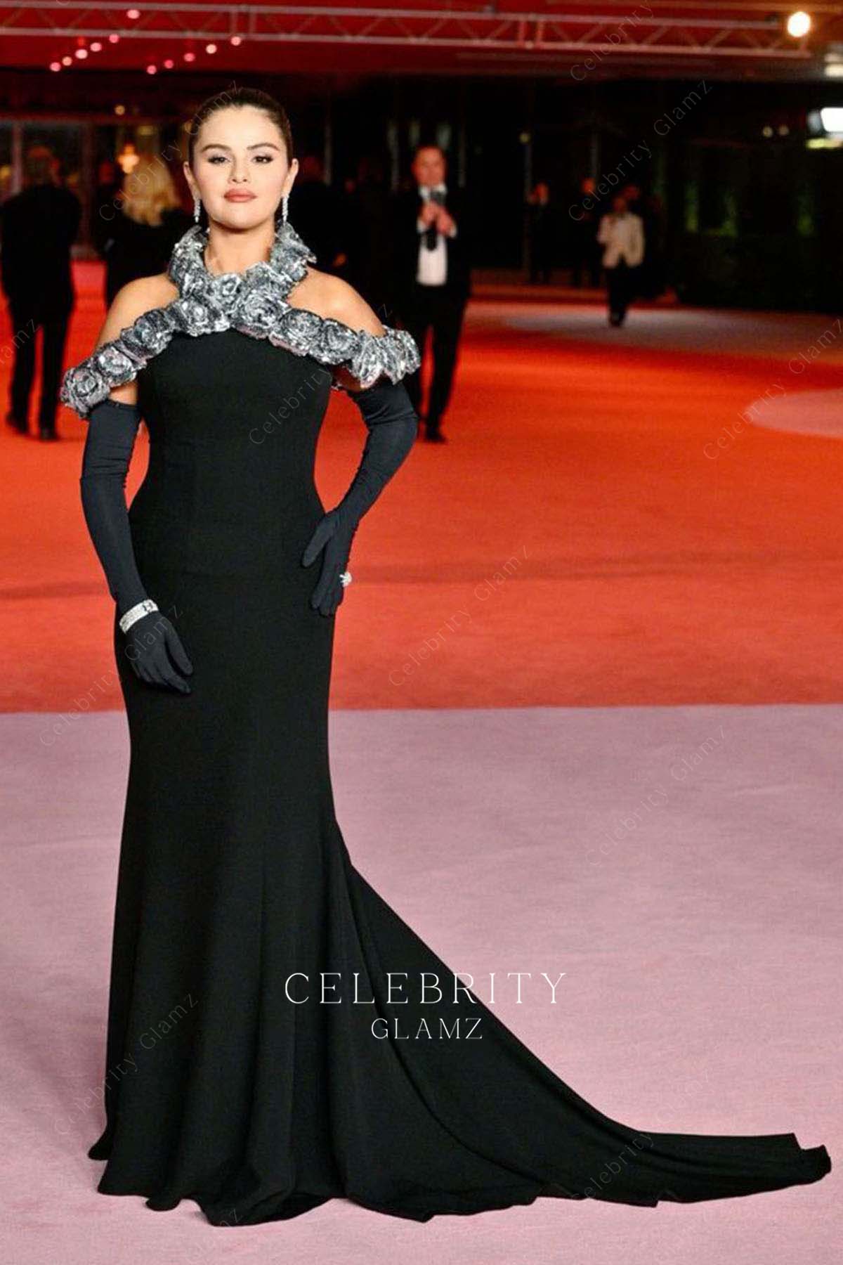 Selena Gomez black court train dress 2023 academy museum gala