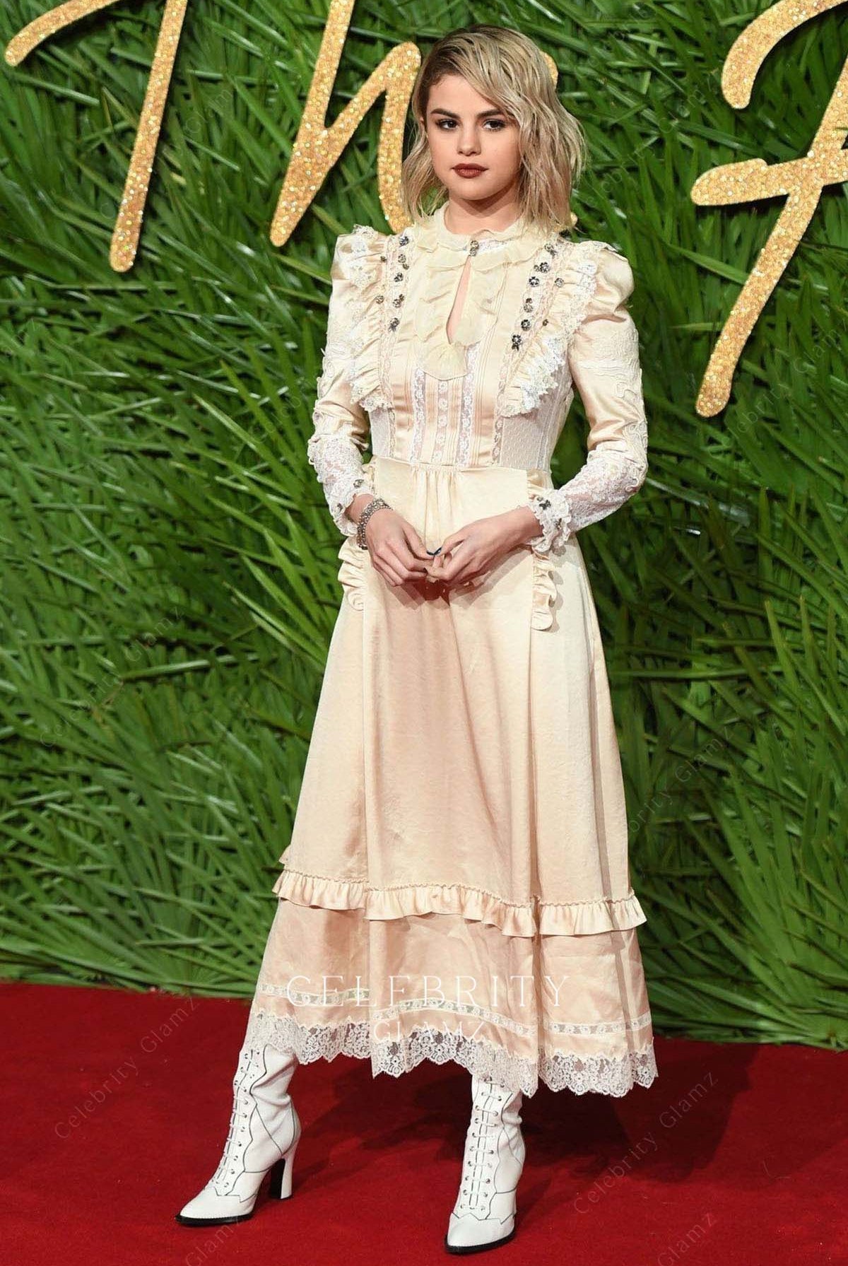 Selena Gomez champagne long sleeves prom dress 2017 British fashion awards