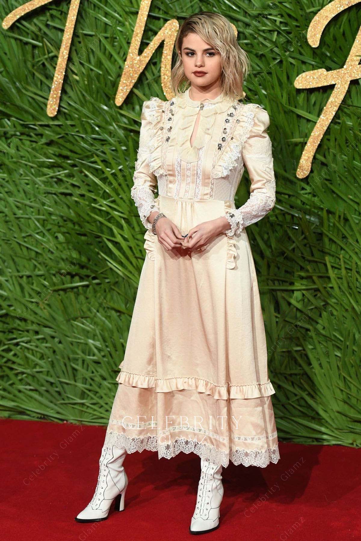 Selena Gomez champagne long sleeves prom dress 2017 British fashion awards
